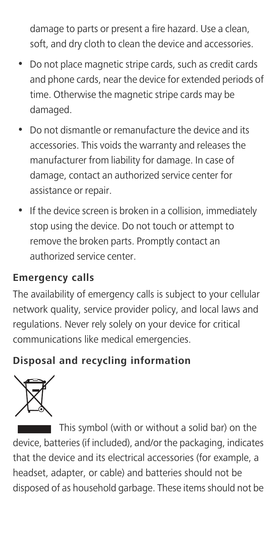 Emergency calls, Disposal and recycling information | Huawei Honor 3C H30-U10 Quick Start User Manual | Page 28 / 32