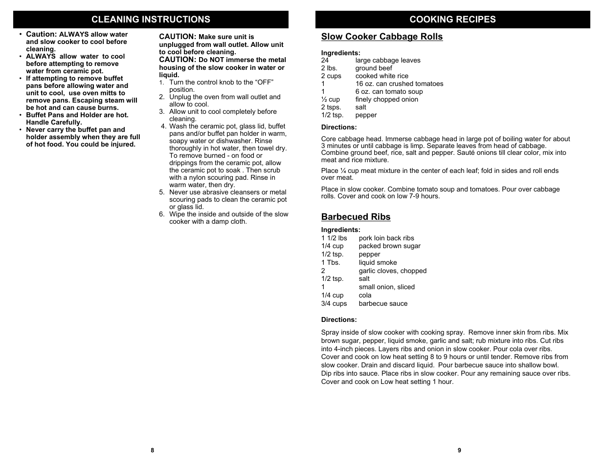 Cooking recipes slow cooker cabbage rolls, Barbecued ribs, Cleaning instructions | Bravetti KC281HB User Manual | Page 10 / 10