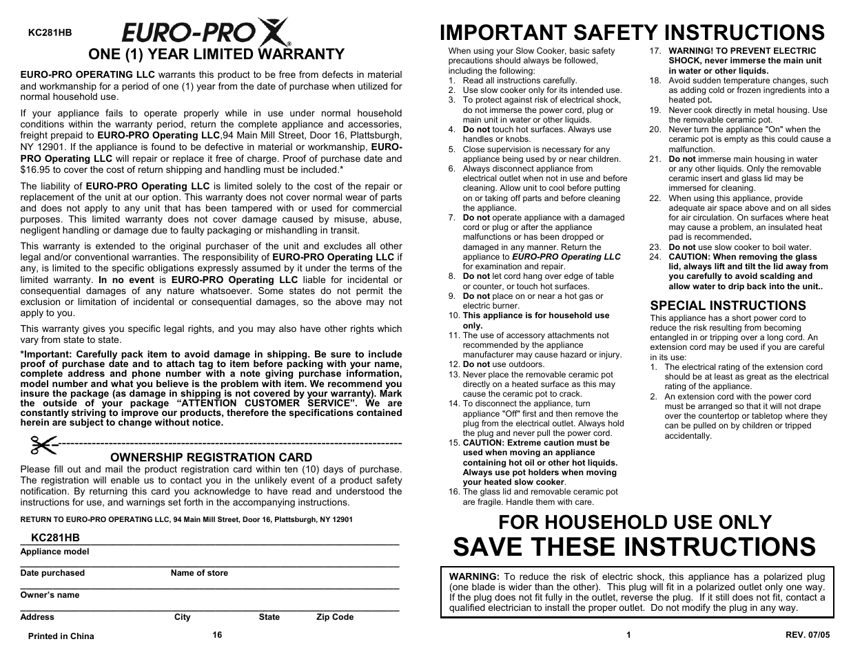 Save these instructions, Important safety instructions, For household use only | One (1) year limited warranty, Special instructions | Bravetti KC281HB User Manual | Page 3 / 10