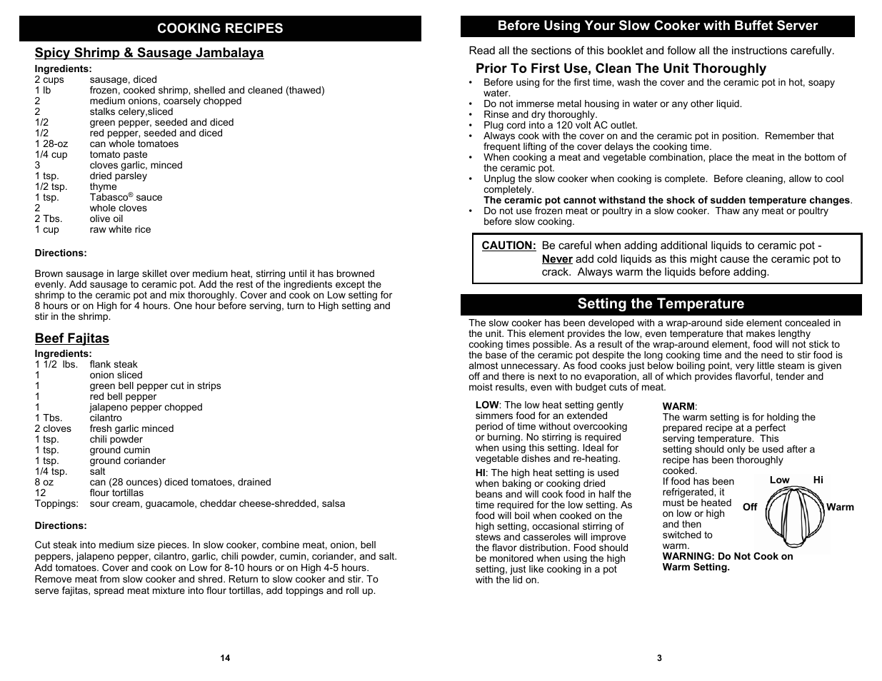 Setting the temperature, Spicy shrimp & sausage jambalaya, Beef fajitas | Prior to first use, clean the unit thoroughly | Bravetti KC281HB User Manual | Page 5 / 10