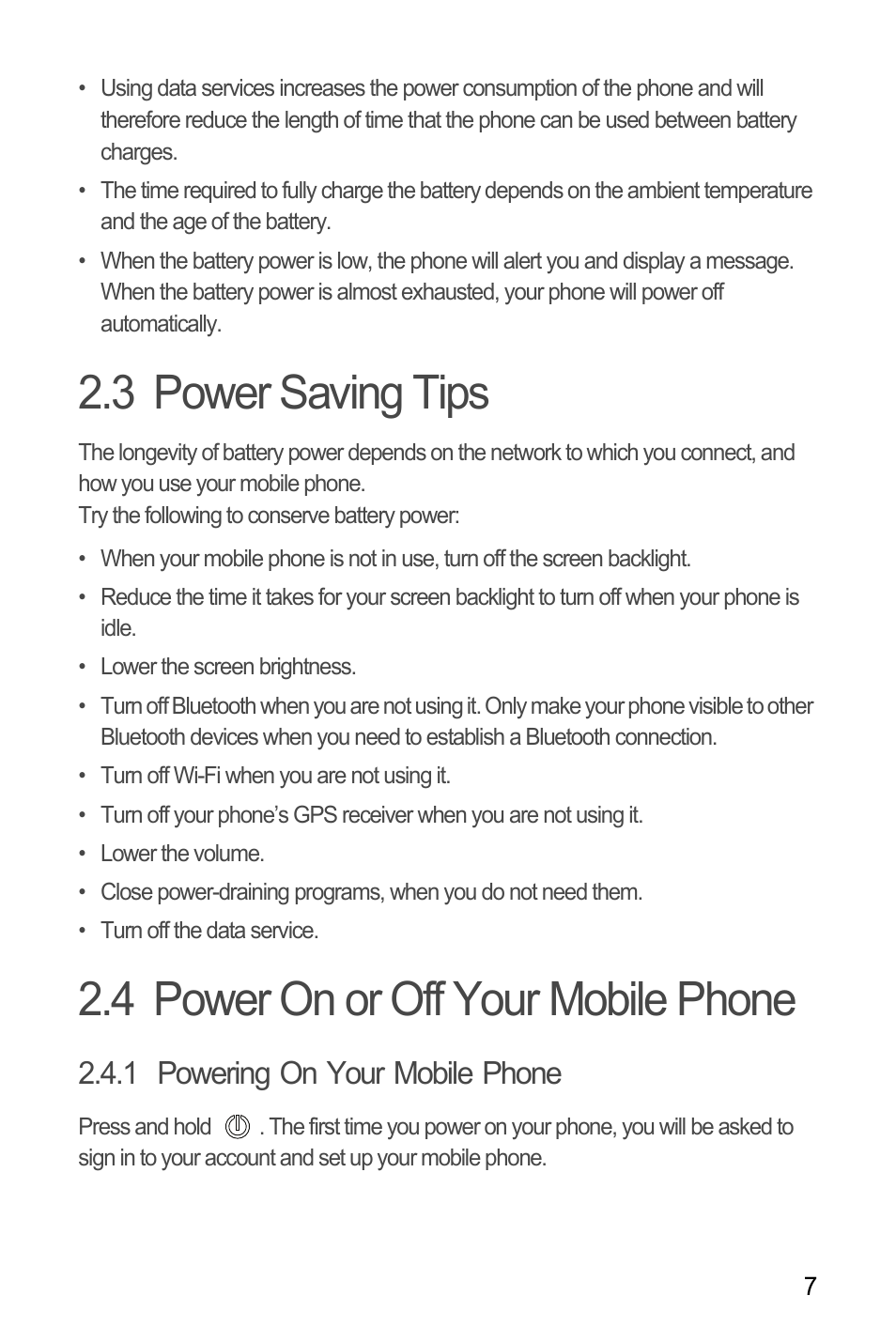 3 power saving tips, 4 power on or off your mobile phone, 1 powering on your mobile phone | Huawei M660 User Guide User Manual | Page 11 / 74