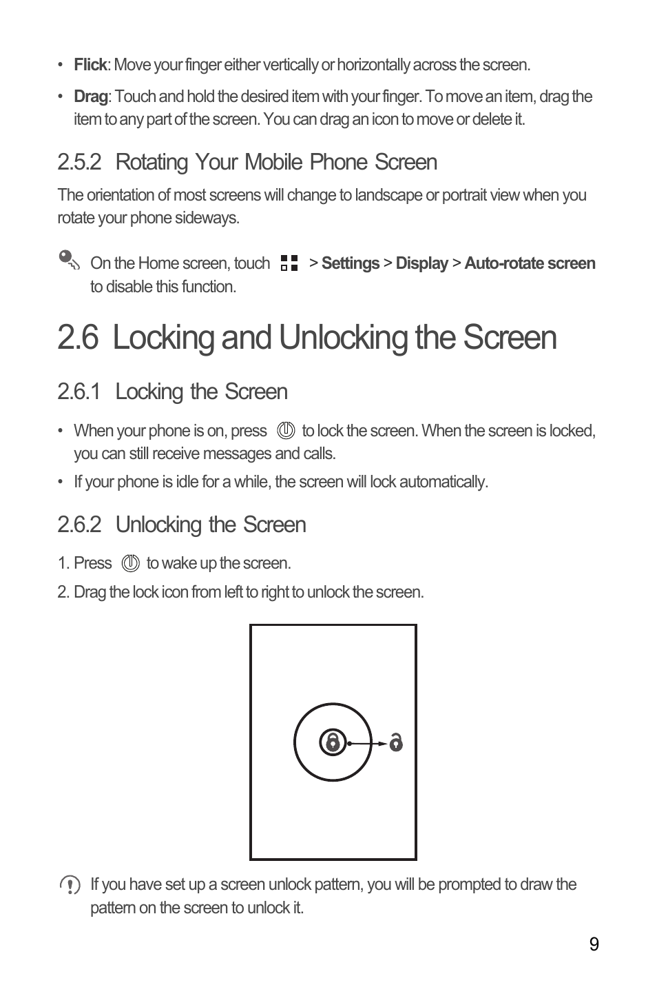 2 rotating your mobile phone screen, 6 locking and unlocking the screen, 1 locking the screen | 2 unlocking the screen | Huawei M660 User Guide User Manual | Page 13 / 74