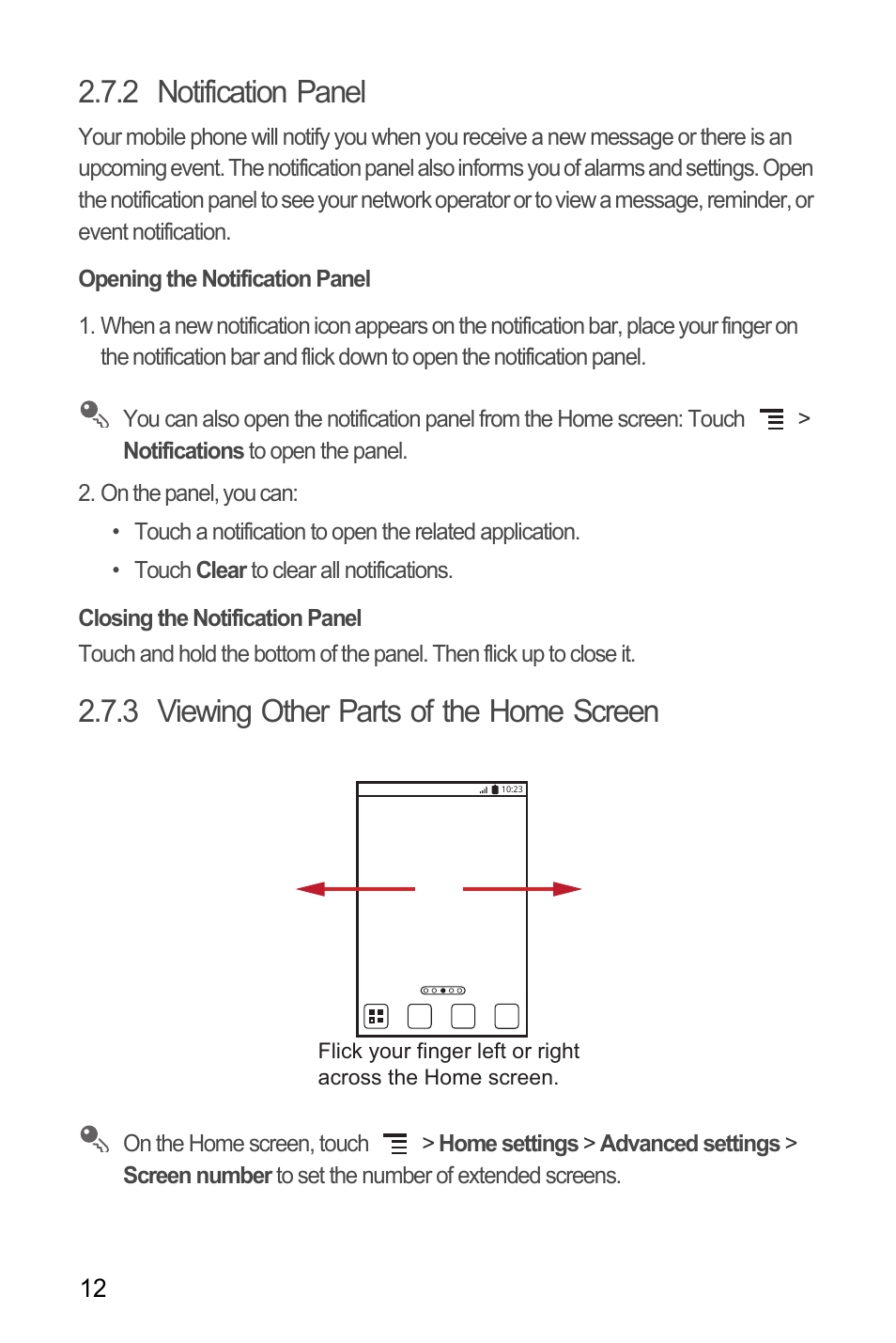 2 notification panel, Opening the notification panel, Closing the notification panel | 3 viewing other parts of the home screen | Huawei M660 User Guide User Manual | Page 16 / 74