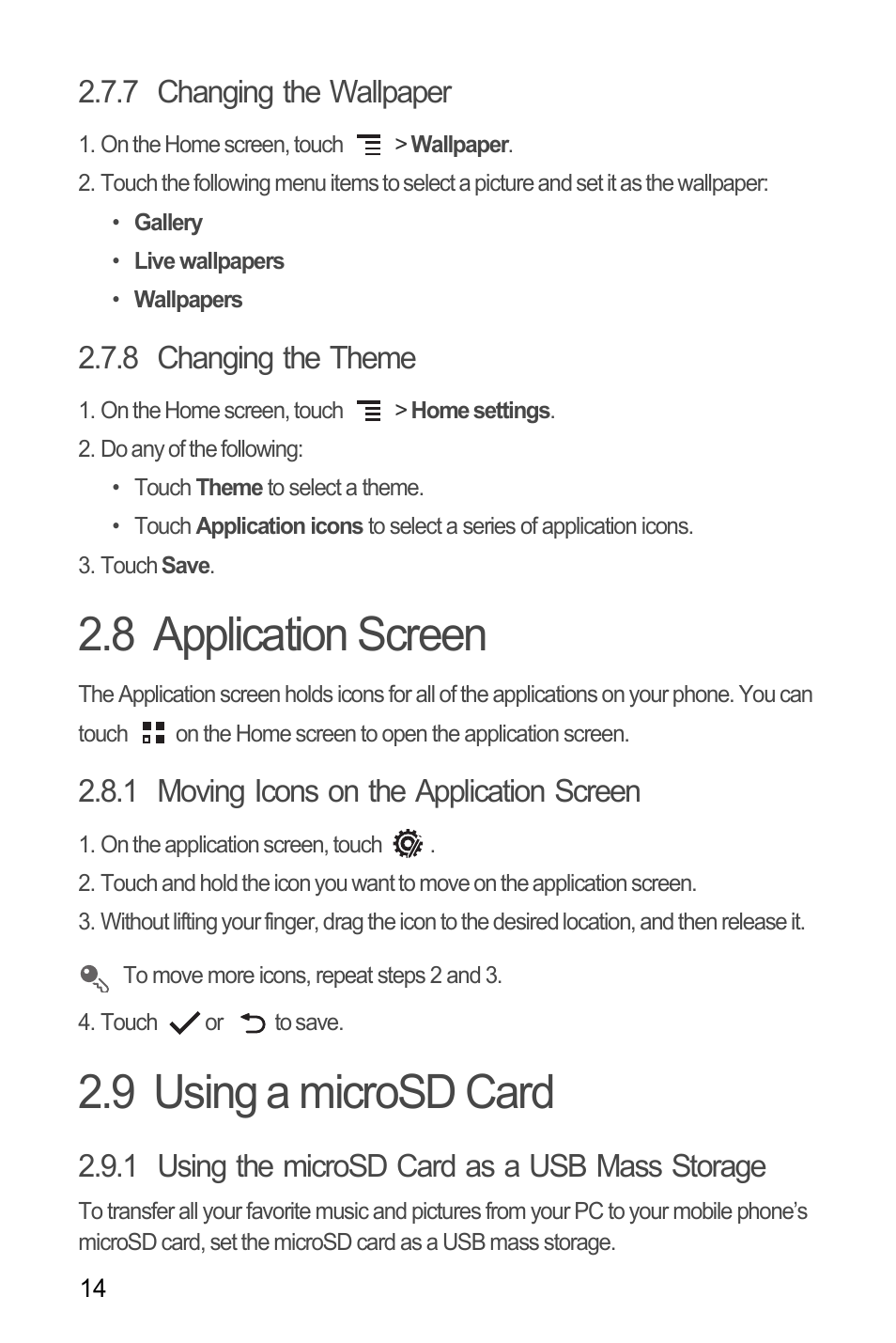 7 changing the wallpaper, 8 changing the theme, 8 application screen | 1 moving icons on the application screen, 9 using a microsd card, 1 using the microsd card as a usb mass storage, 8 application screen 2.9 using a microsd card | Huawei M660 User Guide User Manual | Page 18 / 74