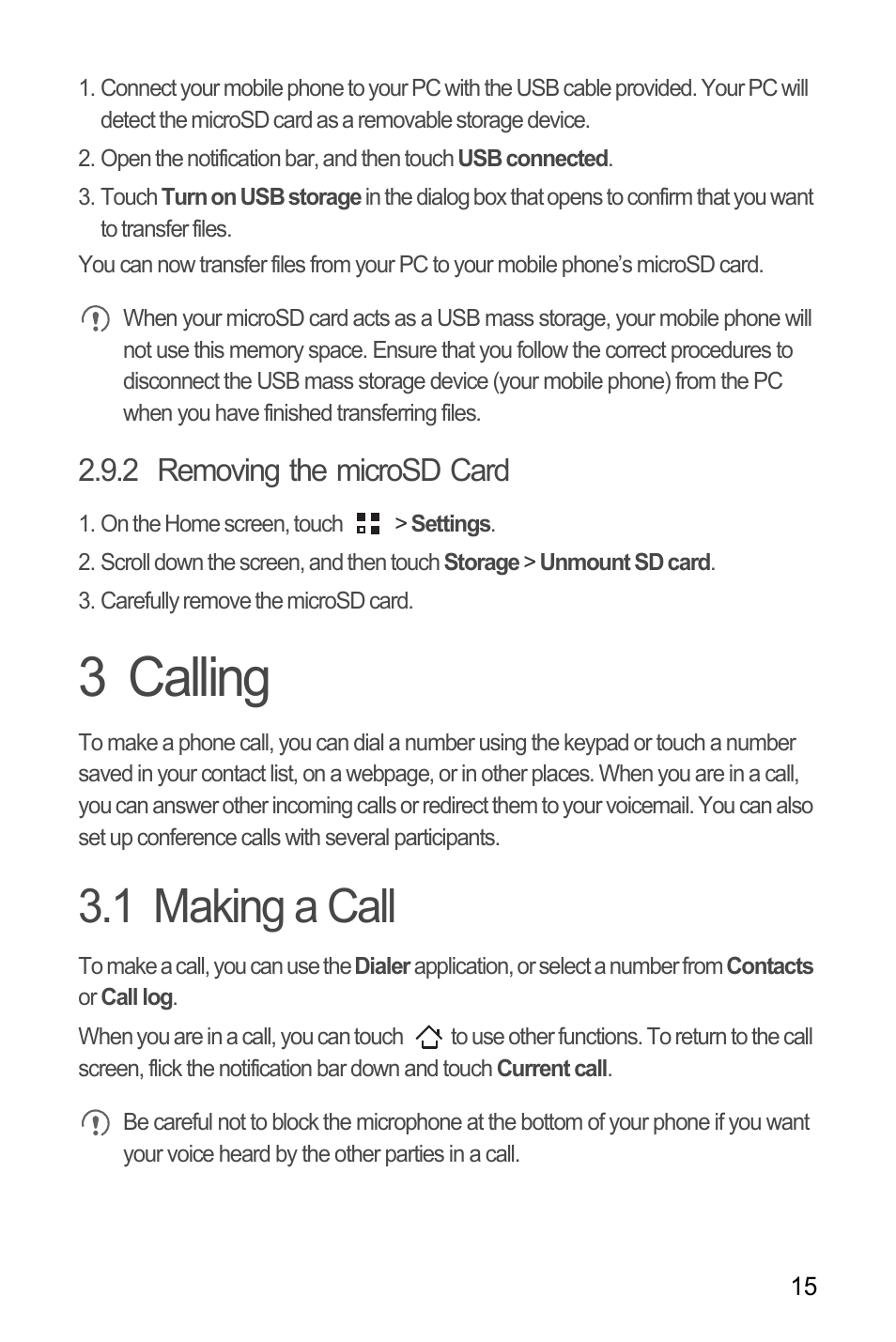 2 removing the microsd card, 3 calling, 1 making a call | Huawei M660 User Guide User Manual | Page 19 / 74