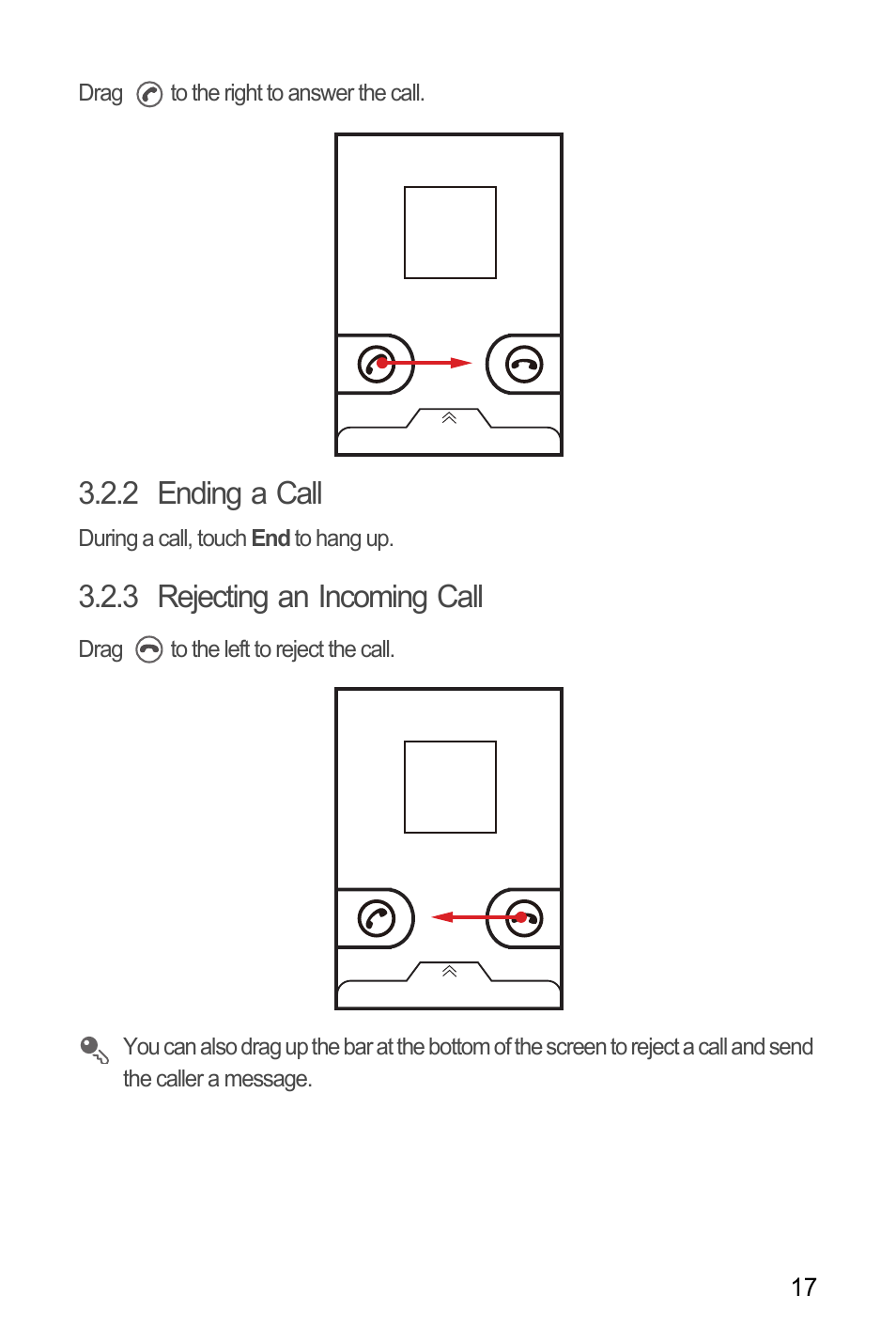 2 ending a call, 3 rejecting an incoming call | Huawei M660 User Guide User Manual | Page 21 / 74
