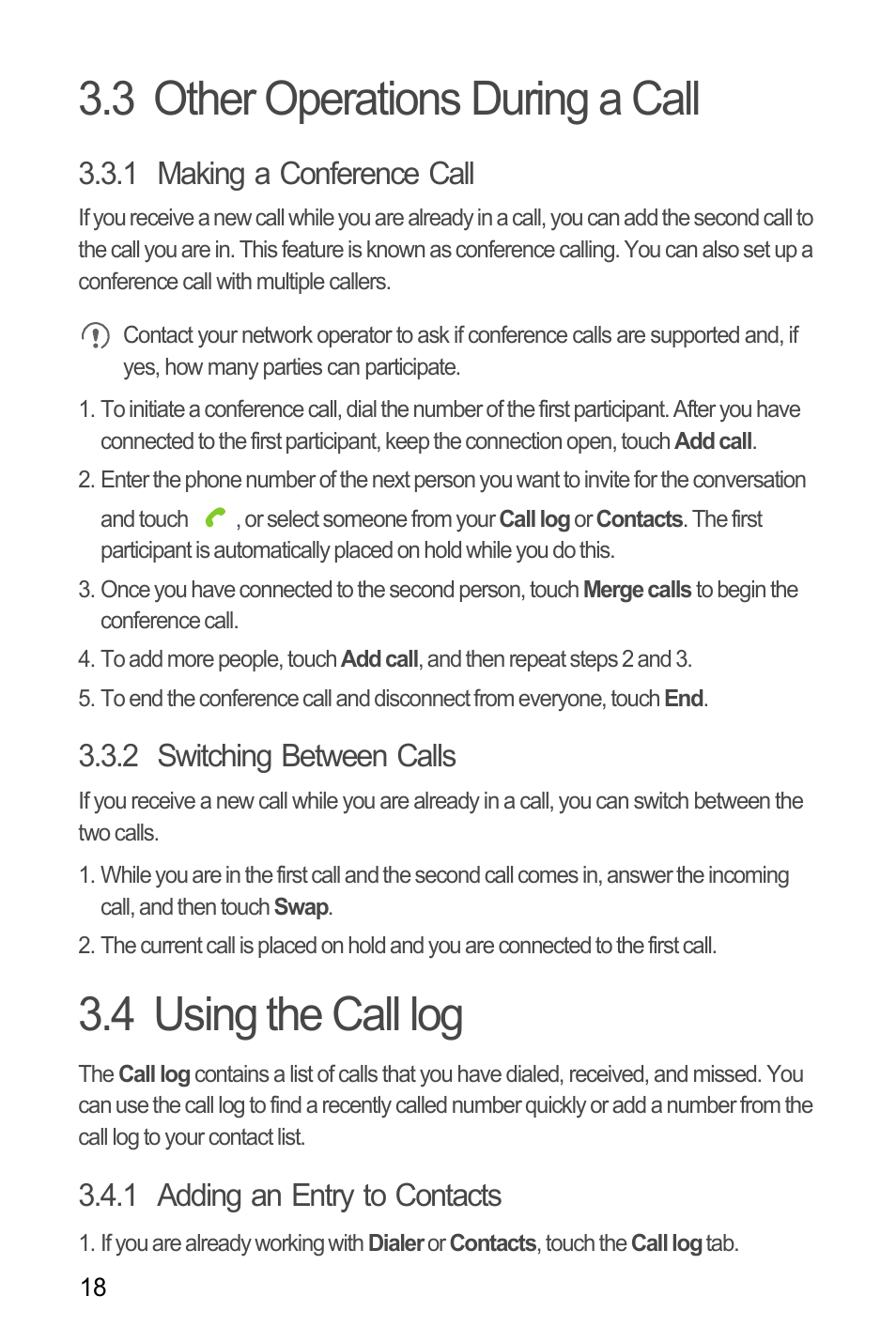 3 other operations during a call, 1 making a conference call, 2 switching between calls | 4 using the call log, 1 adding an entry to contacts | Huawei M660 User Guide User Manual | Page 22 / 74