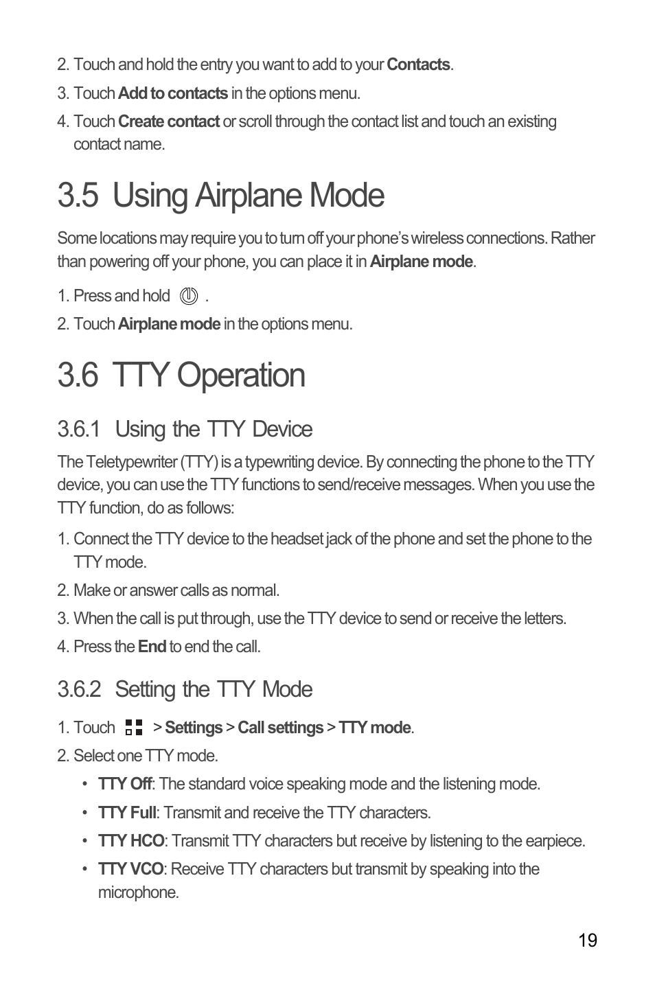 5 using airplane mode, 6 tty operation, 1 using the tty device | 2 setting the tty mode, 5 using airplane mode 3.6 tty operation | Huawei M660 User Guide User Manual | Page 23 / 74