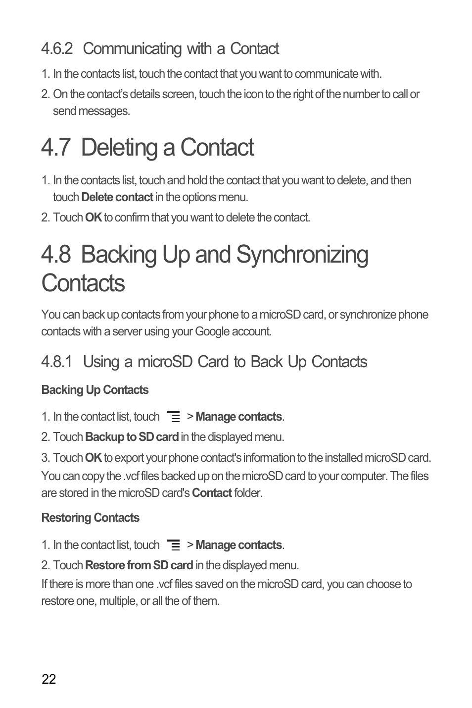 2 communicating with a contact, 7 deleting a contact, 8 backing up and synchronizing contacts | 1 using a microsd card to back up contacts, Backing up contacts, Restoring contacts | Huawei M660 User Guide User Manual | Page 26 / 74