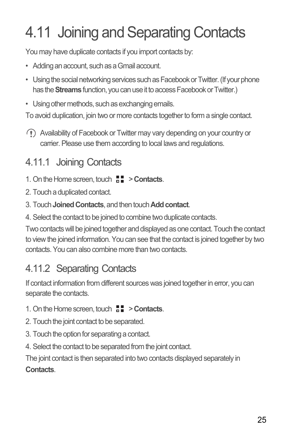 11 joining and separating contacts, 1 joining contacts, 2 separating contacts | Huawei M660 User Guide User Manual | Page 29 / 74