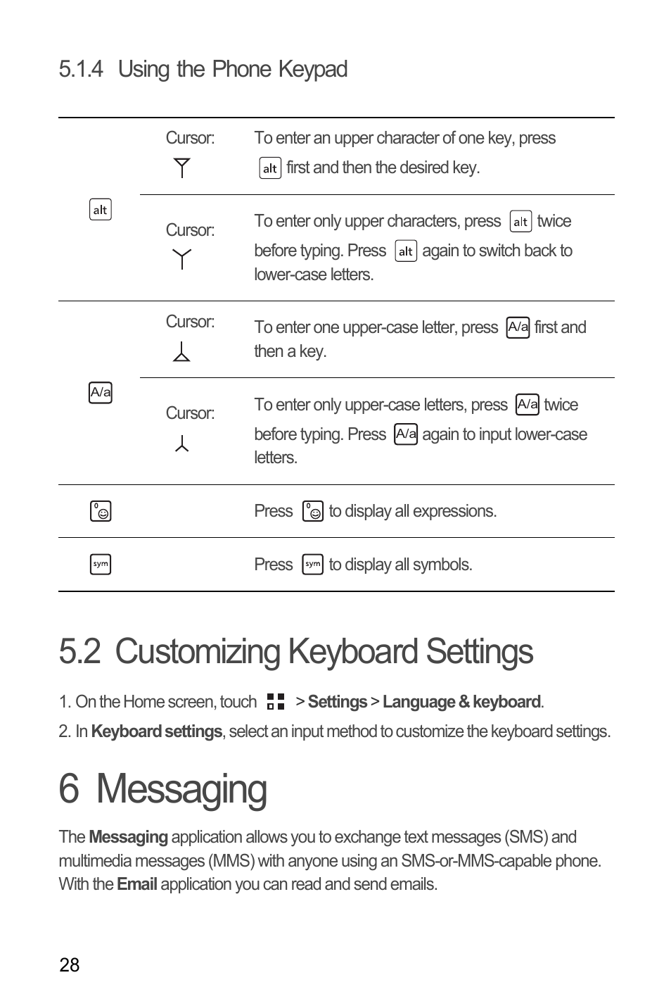 4 using the phone keypad, 2 customizing keyboard settings, 6 messaging | Huawei M660 User Guide User Manual | Page 32 / 74