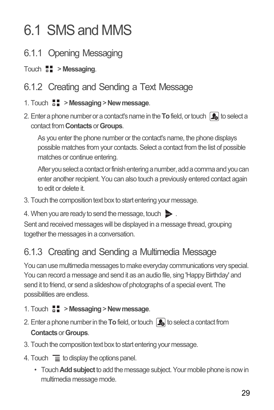 1 sms and mms, 1 opening messaging, 2 creating and sending a text message | 3 creating and sending a multimedia message | Huawei M660 User Guide User Manual | Page 33 / 74