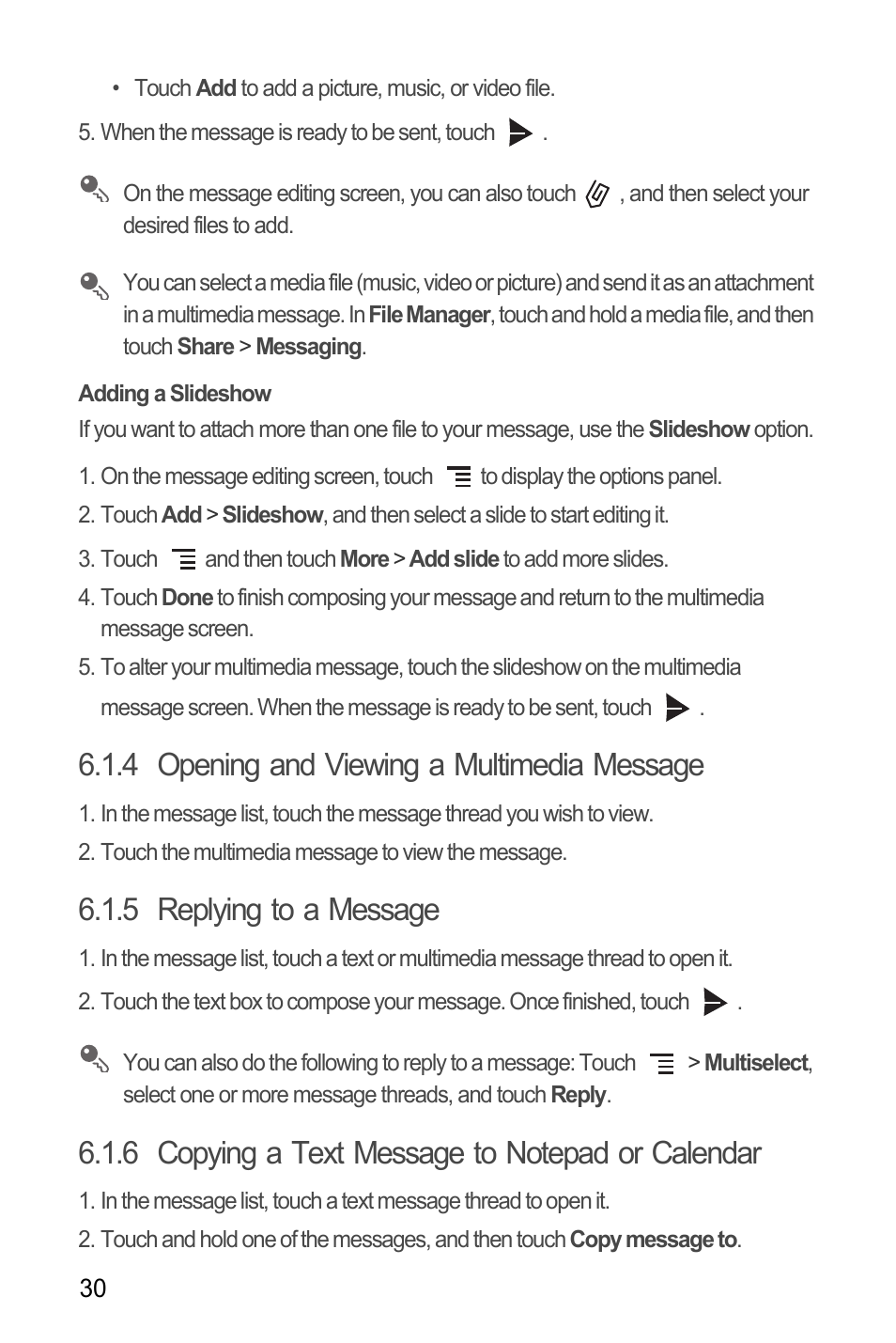 Adding a slideshow, 4 opening and viewing a multimedia message, 5 replying to a message | 6 copying a text message to notepad or calendar | Huawei M660 User Guide User Manual | Page 34 / 74