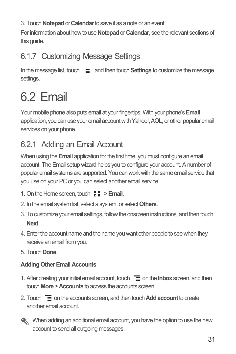 7 customizing message settings, 2 email, 1 adding an email account | Adding other email accounts | Huawei M660 User Guide User Manual | Page 35 / 74