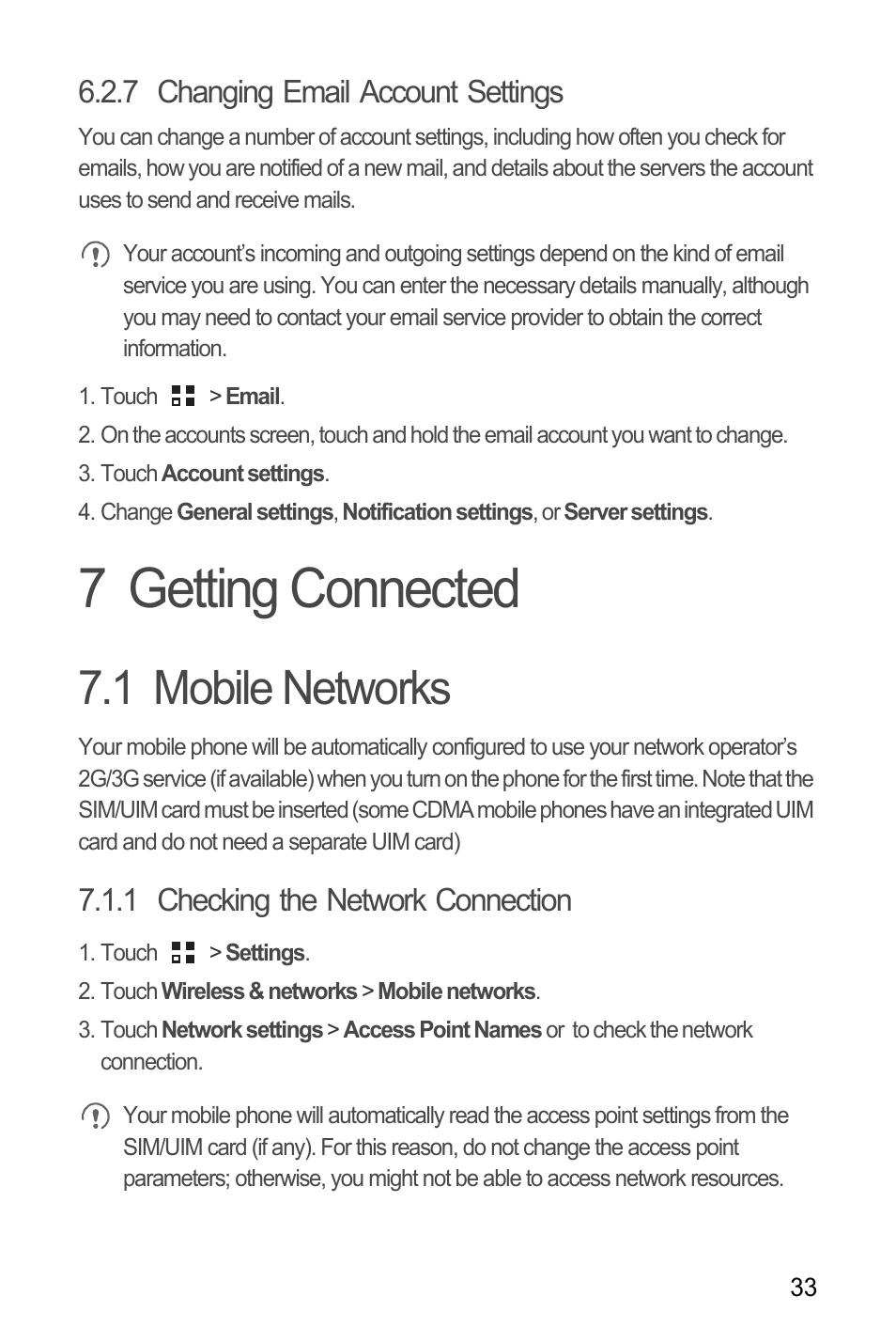 7 changing email account settings, 7 getting connected, 1 mobile networks | 1 checking the network connection | Huawei M660 User Guide User Manual | Page 37 / 74