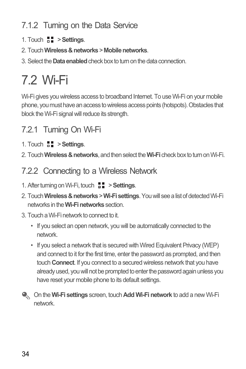 2 turning on the data service, 2 wi-fi, 1 turning on wi-fi | 2 connecting to a wireless network | Huawei M660 User Guide User Manual | Page 38 / 74