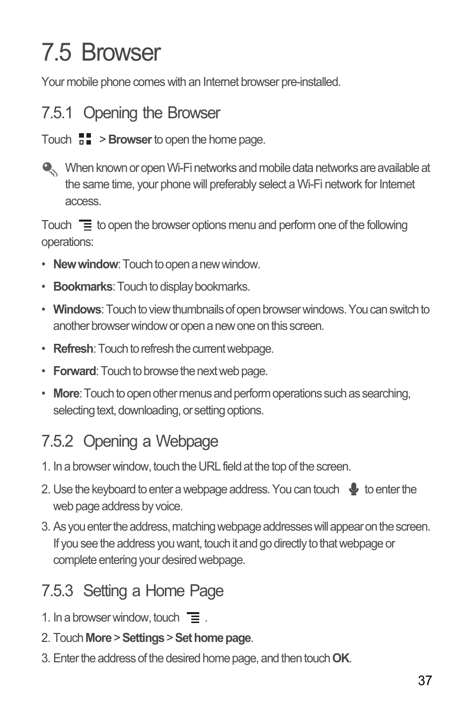 5 browser, 1 opening the browser, 2 opening a webpage | 3 setting a home page | Huawei M660 User Guide User Manual | Page 41 / 74