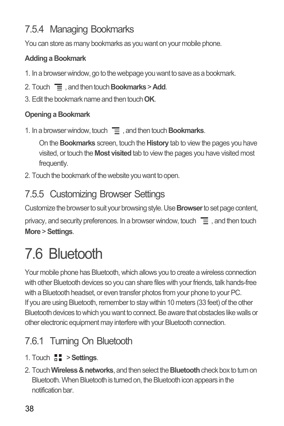 4 managing bookmarks, Adding a bookmark, Opening a bookmark | 5 customizing browser settings, 6 bluetooth, 1 turning on bluetooth | Huawei M660 User Guide User Manual | Page 42 / 74