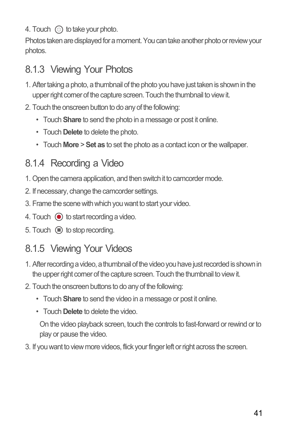 3 viewing your photos, 4 recording a video, 5 viewing your videos | Huawei M660 User Guide User Manual | Page 45 / 74