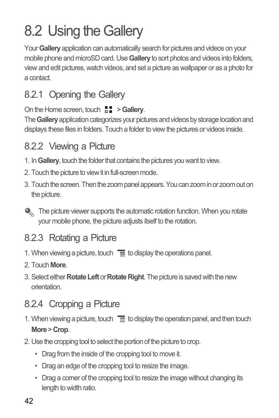 2 using the gallery, 1 opening the gallery, 2 viewing a picture | 3 rotating a picture, 4 cropping a picture | Huawei M660 User Guide User Manual | Page 46 / 74