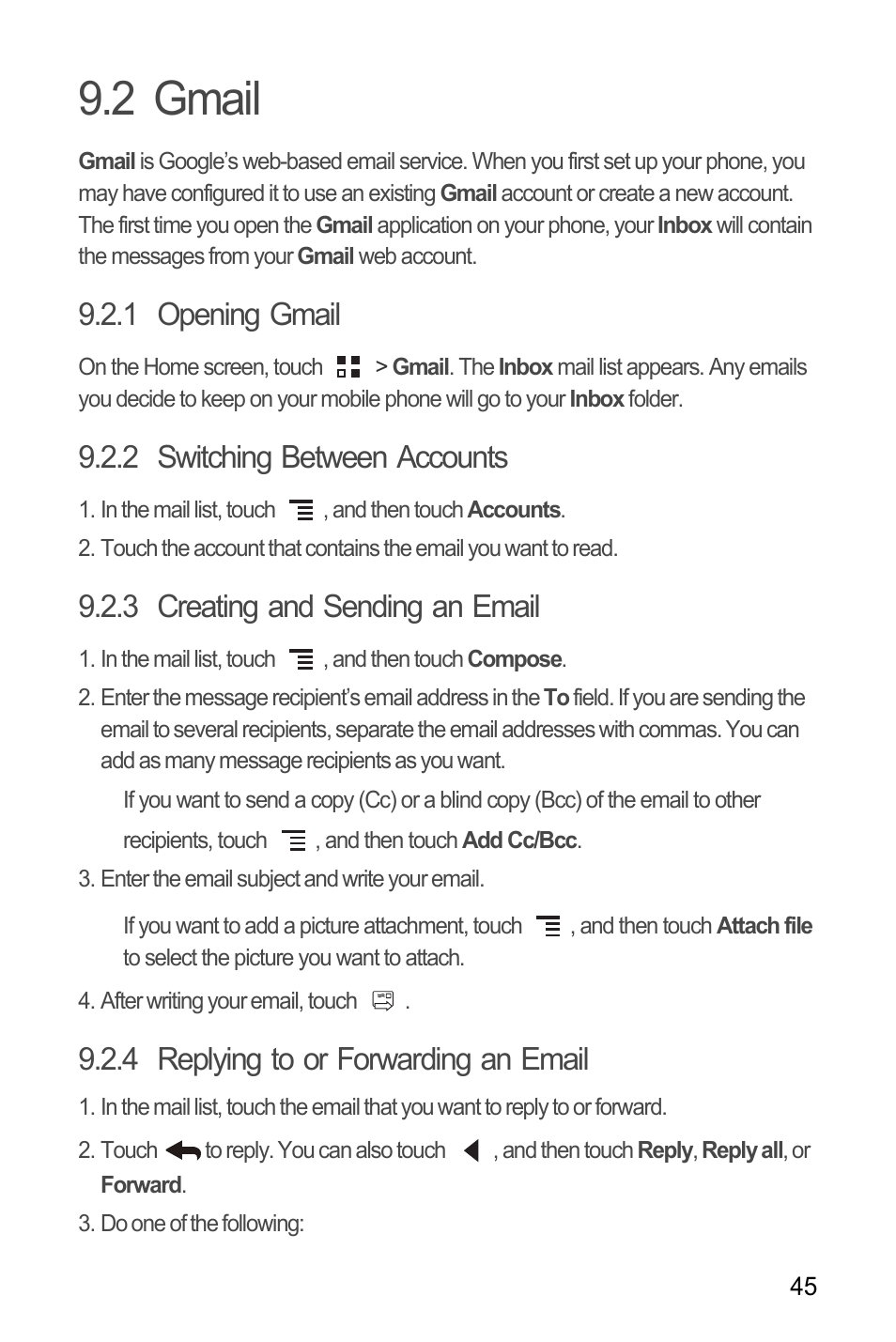 2 gmail, 1 opening gmail, 2 switching between accounts | 3 creating and sending an email, 4 replying to or forwarding an email | Huawei M660 User Guide User Manual | Page 49 / 74