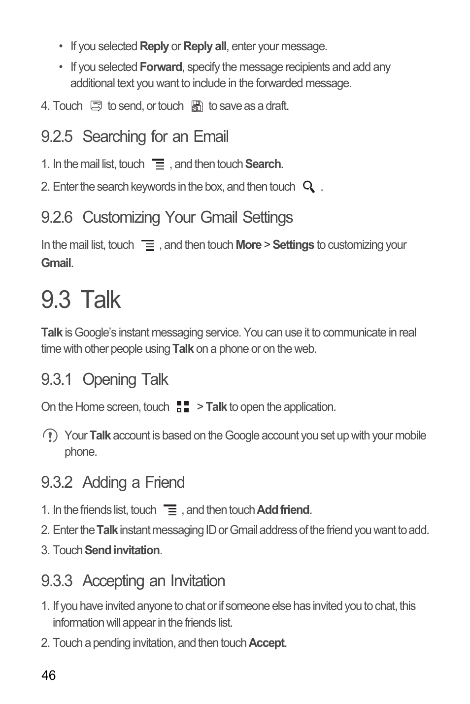 5 searching for an email, 6 customizing your gmail settings, 3 talk | 1 opening talk, 2 adding a friend, 3 accepting an invitation | Huawei M660 User Guide User Manual | Page 50 / 74