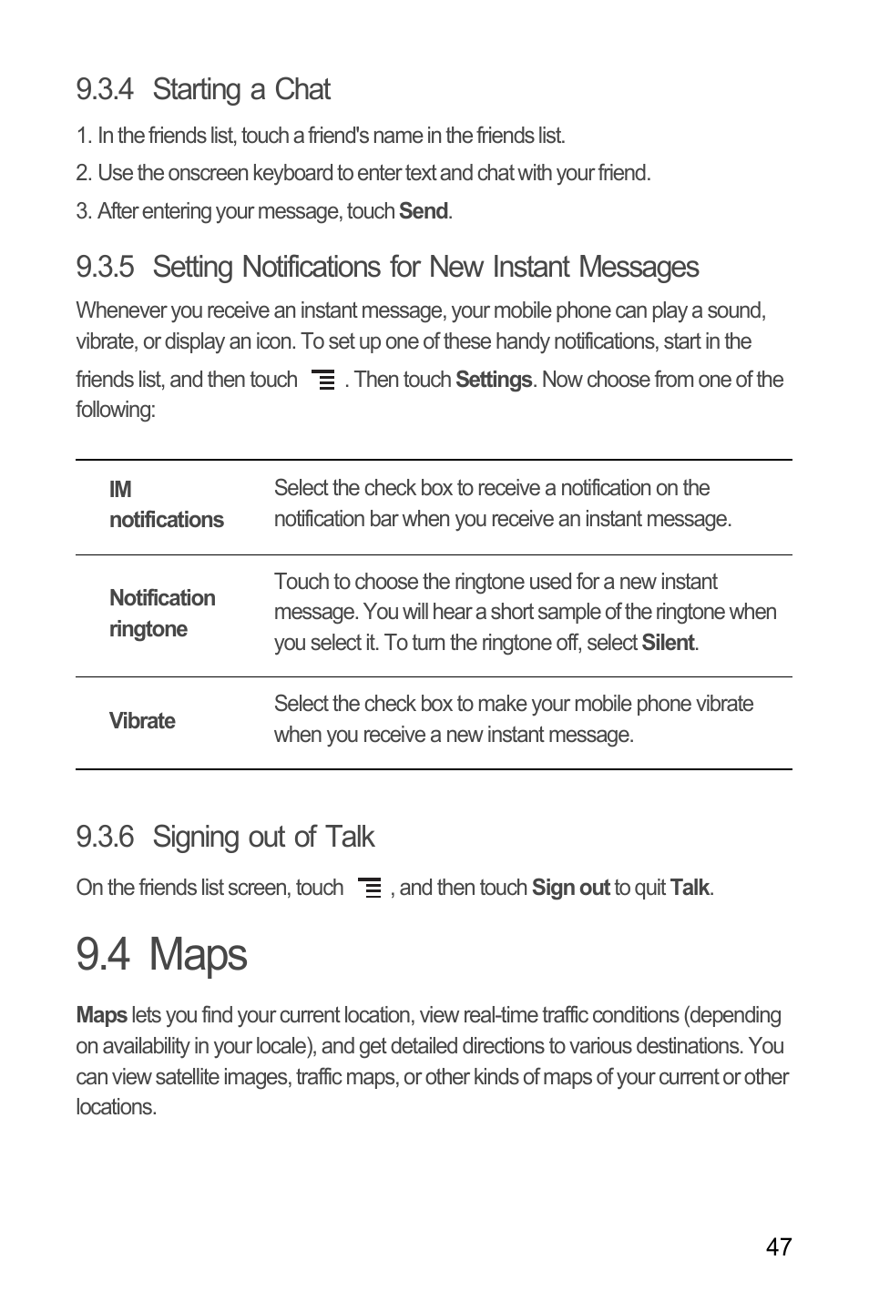 4 starting a chat, 5 setting notifications for new instant messages, 6 signing out of talk | 4 maps | Huawei M660 User Guide User Manual | Page 51 / 74