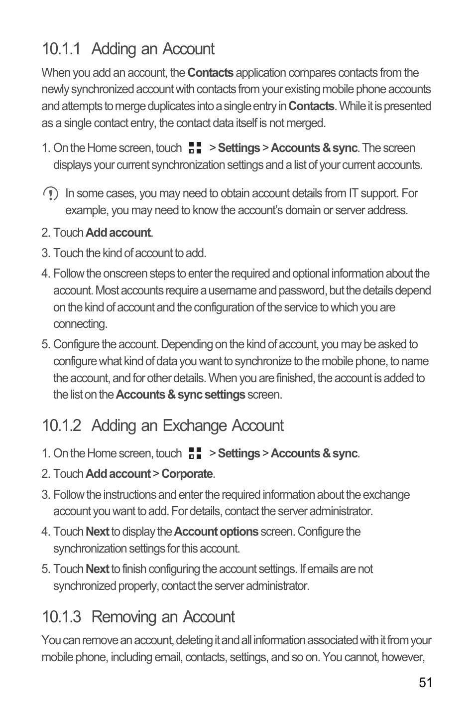 1 adding an account, 2 adding an exchange account, 3 removing an account | Huawei M660 User Guide User Manual | Page 55 / 74