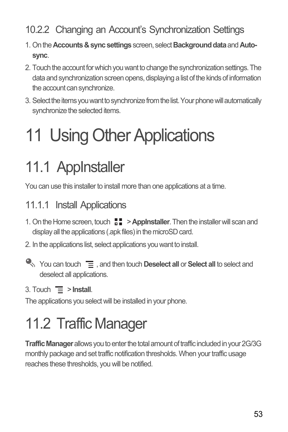 2 changing an account’s synchronization settings, 11 using other applications, 1 appinstaller | 1 install applications, 2 traffic manager, 1 appinstaller 11.2 traffic manager | Huawei M660 User Guide User Manual | Page 57 / 74