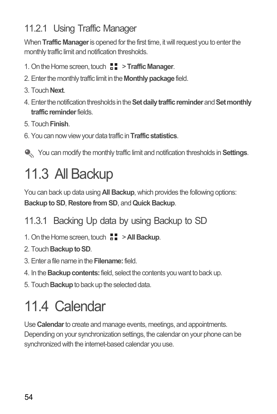 1 using traffic manager, 3 all backup, 1 backing up data by using backup to sd | 4 calendar, 3 all backup 11.4 calendar | Huawei M660 User Guide User Manual | Page 58 / 74