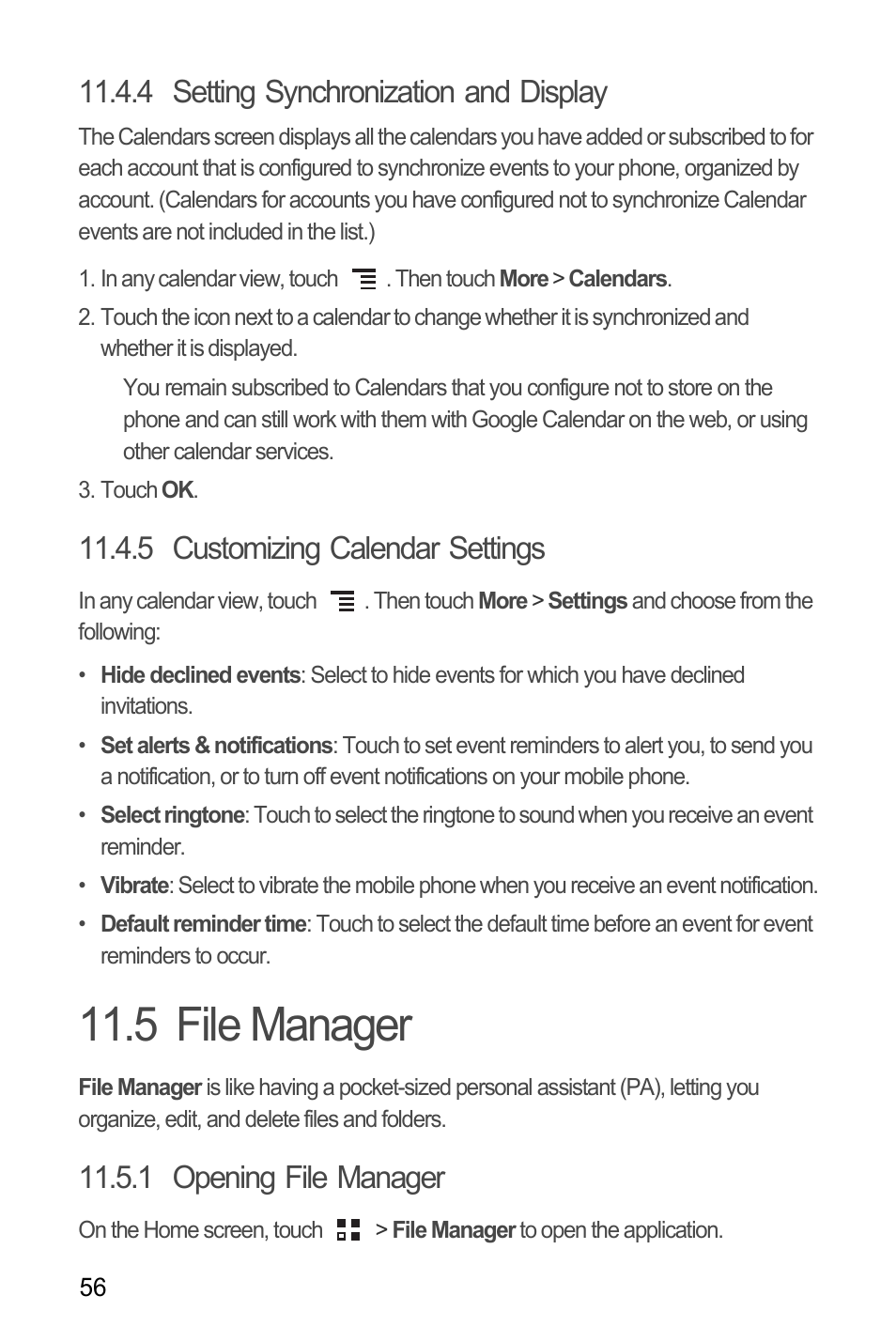 4 setting synchronization and display, 5 customizing calendar settings, 5 file manager | 1 opening file manager | Huawei M660 User Guide User Manual | Page 60 / 74