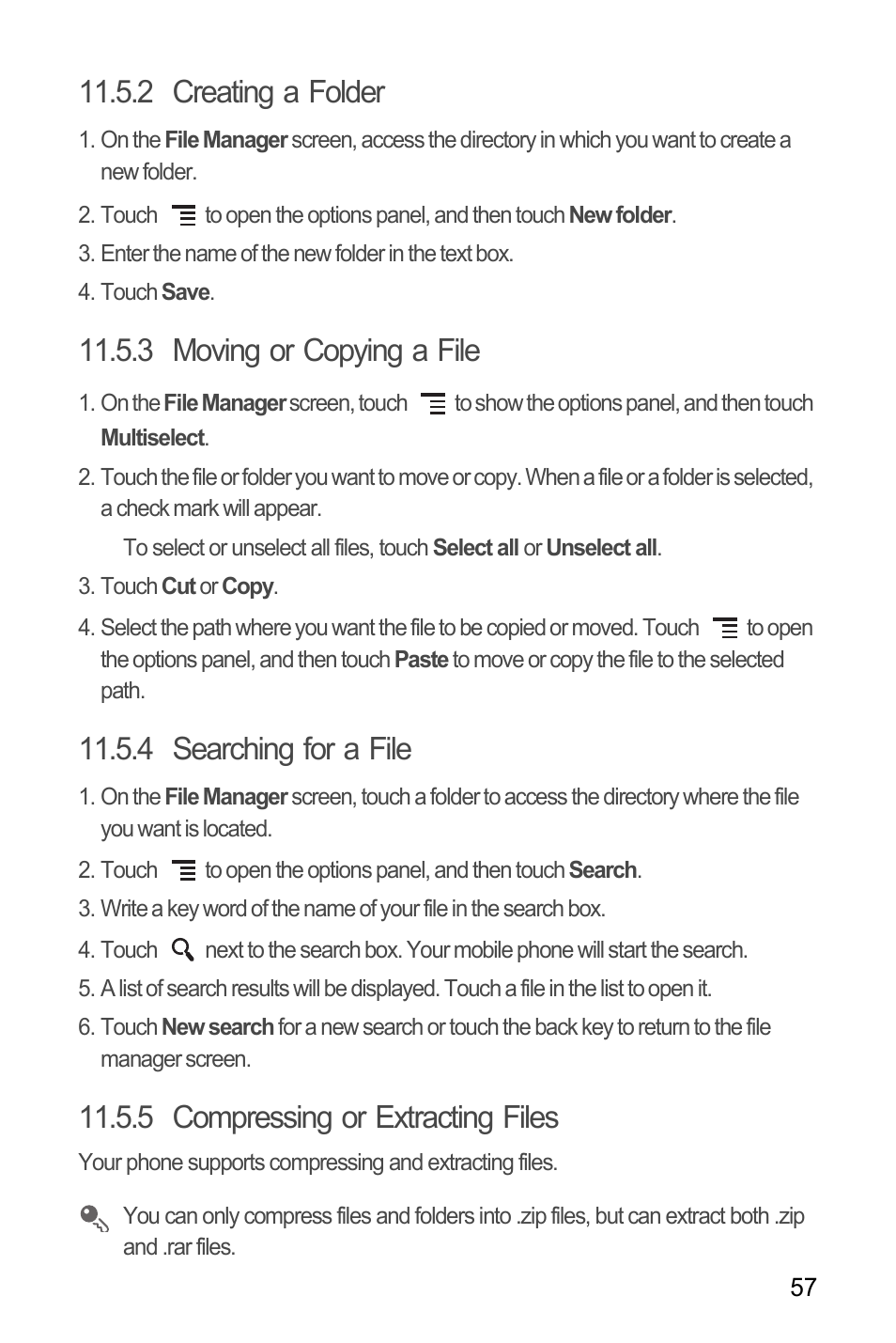 2 creating a folder, 3 moving or copying a file, 4 searching for a file | 5 compressing or extracting files | Huawei M660 User Guide User Manual | Page 61 / 74