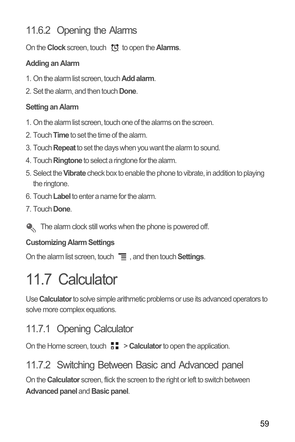 2 opening the alarms, Adding an alarm, Setting an alarm | Customizing alarm settings, 7 calculator, 1 opening calculator, 2 switching between basic and advanced panel | Huawei M660 User Guide User Manual | Page 63 / 74