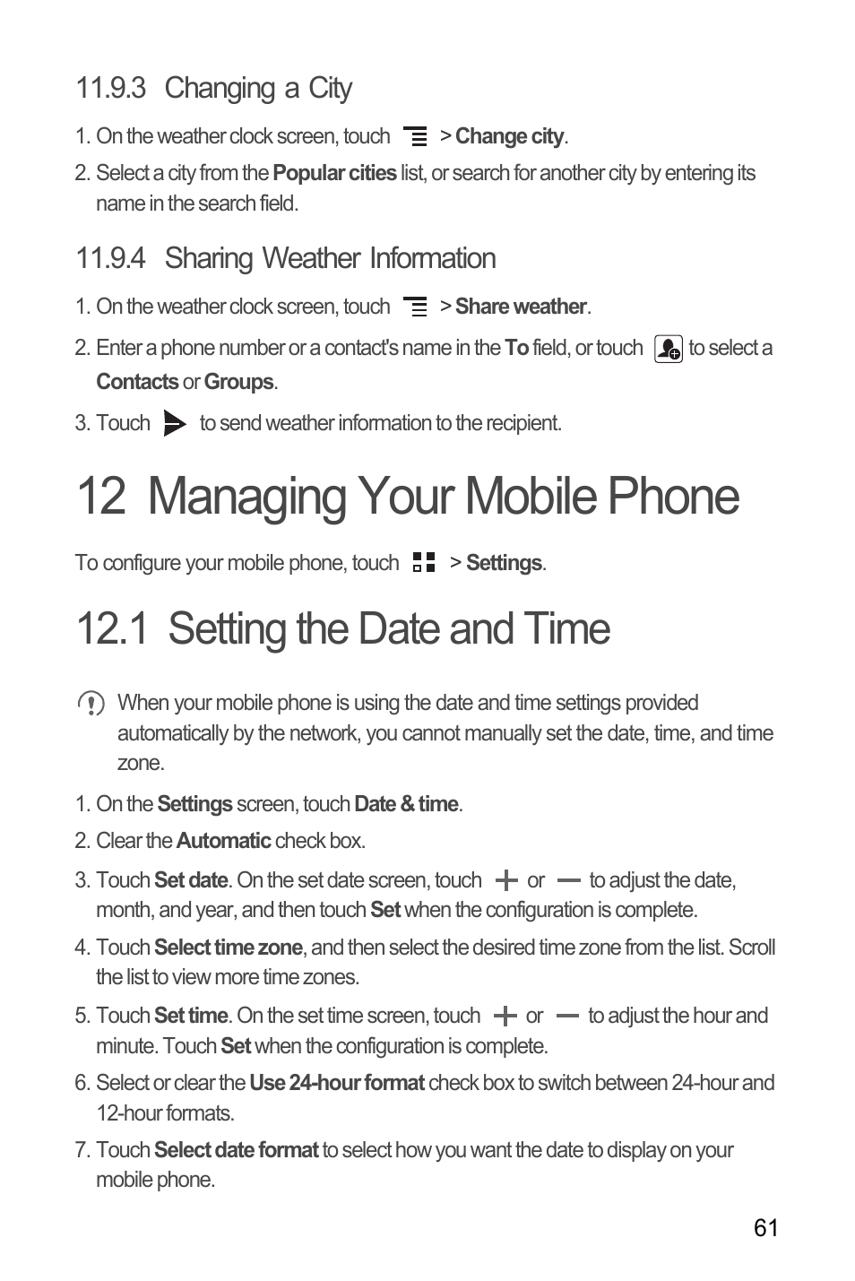 3 changing a city, 4 sharing weather information, 12 managing your mobile phone | 1 setting the date and time | Huawei M660 User Guide User Manual | Page 65 / 74