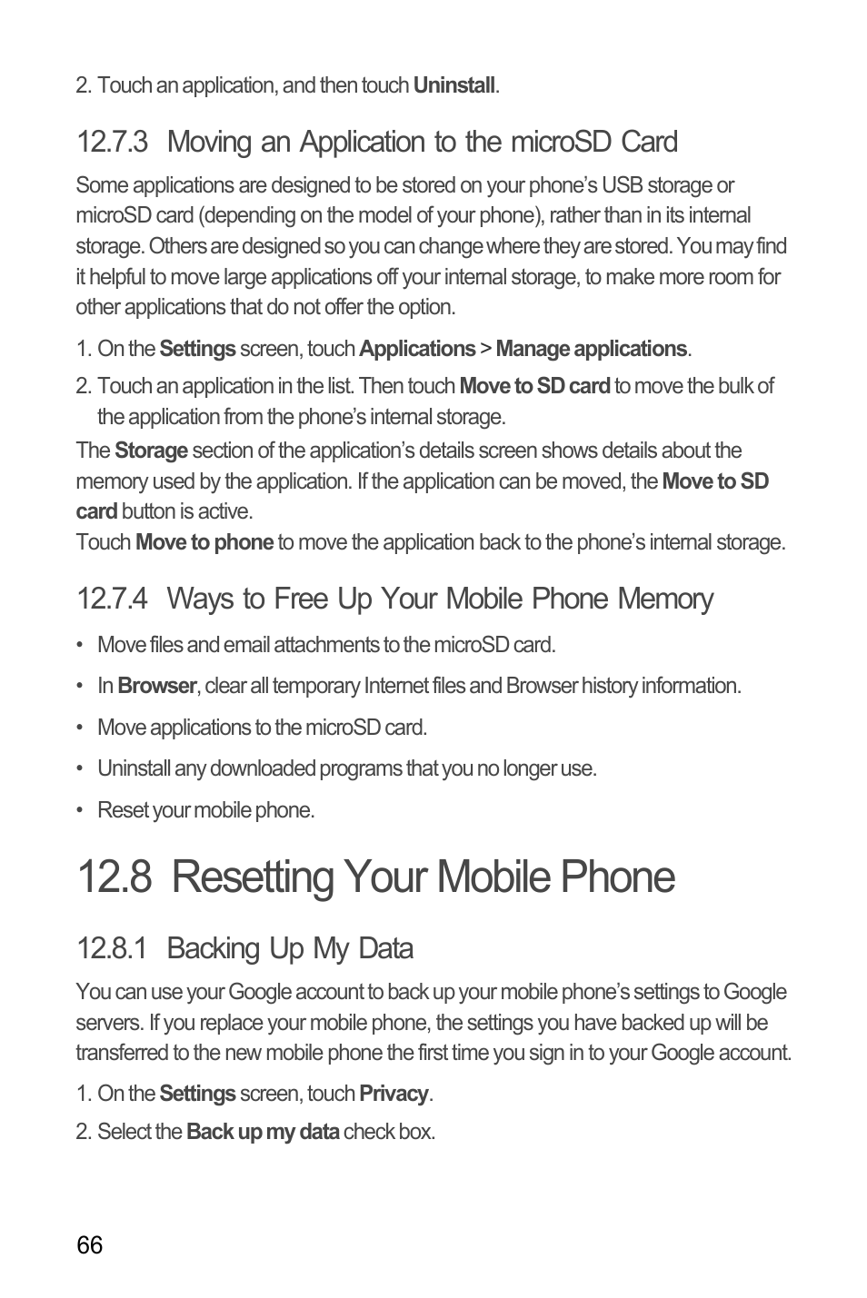 3 moving an application to the microsd card, 4 ways to free up your mobile phone memory, 8 resetting your mobile phone | 1 backing up my data | Huawei M660 User Guide User Manual | Page 70 / 74