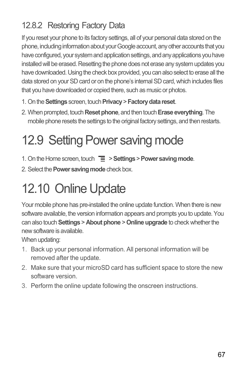 2 restoring factory data, 9 setting power saving mode, 10 online update | 9 setting power saving mode 12.10 online update | Huawei M660 User Guide User Manual | Page 71 / 74