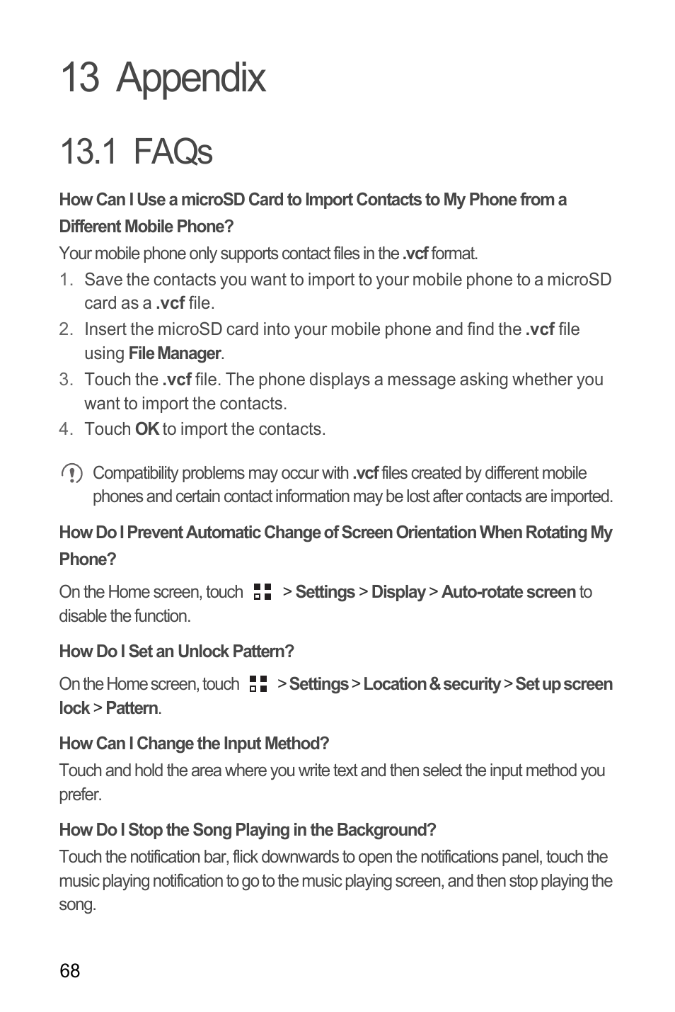 13 appendix, 1 faqs, How do i set an unlock pattern | How can i change the input method, How do i stop the song playing in the background, Faqs | Huawei M660 User Guide User Manual | Page 72 / 74