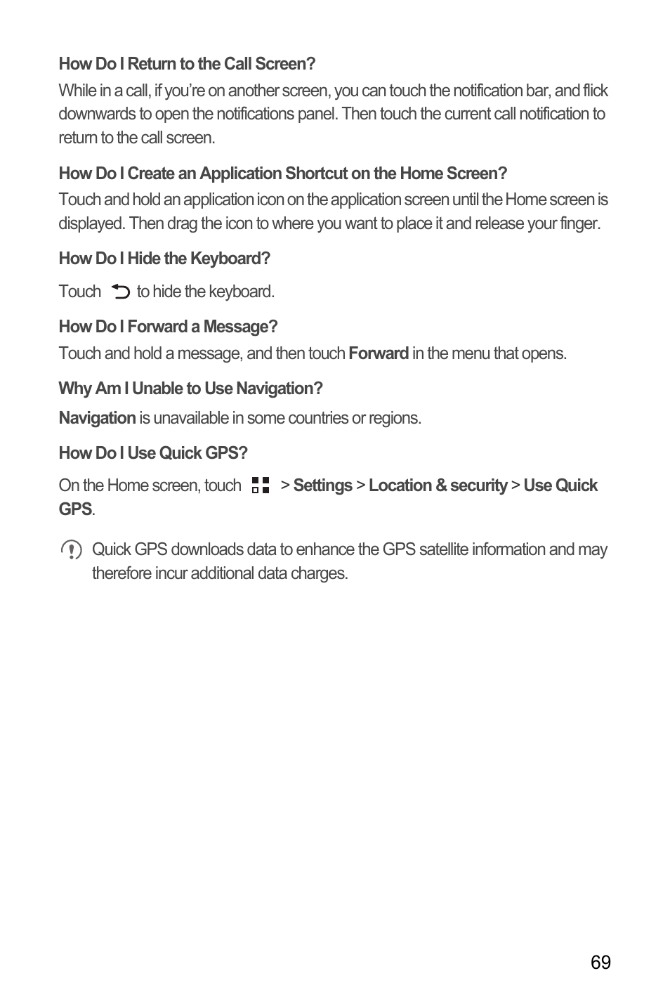 How do i return to the call screen, How do i hide the keyboard, How do i forward a message | Why am i unable to use navigation, How do i use quick gps | Huawei M660 User Guide User Manual | Page 73 / 74