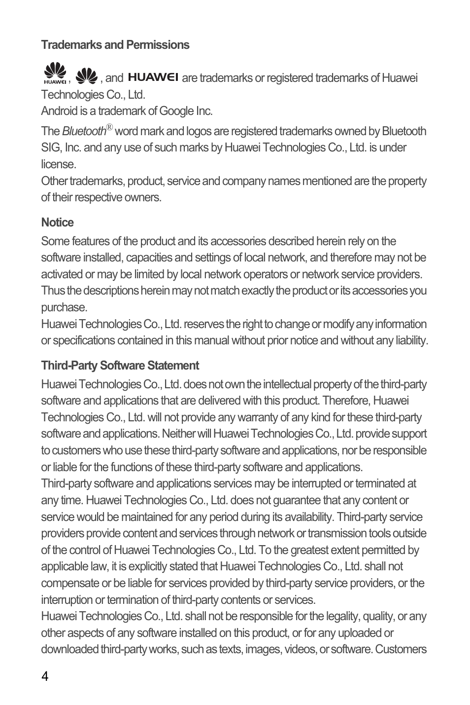 Trademarks and permissions, Notice, Third-party software statement | Huawei M660 User Guide User Manual | Page 8 / 74