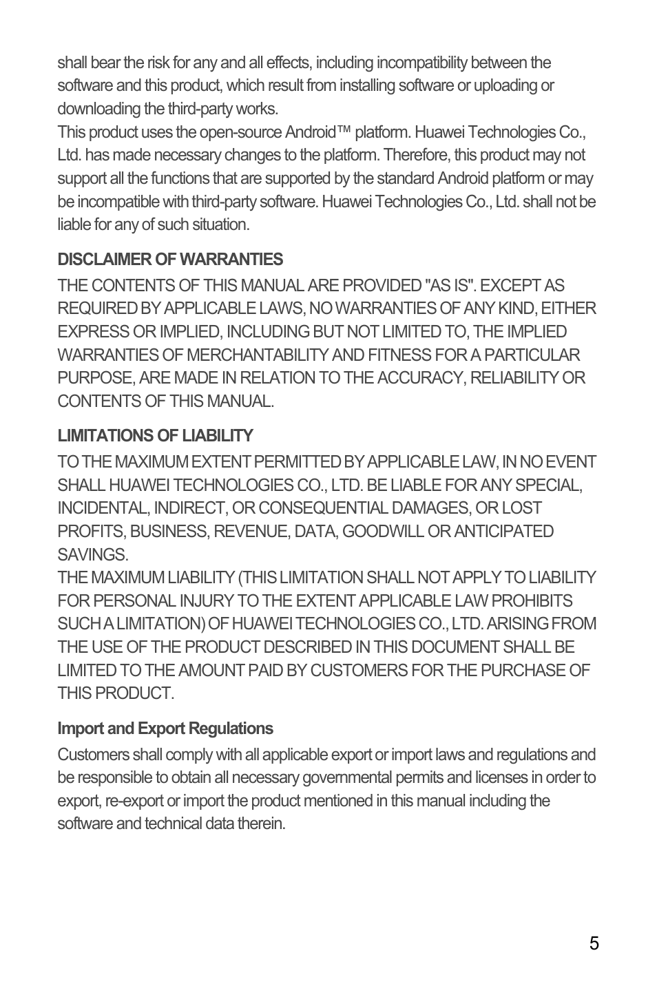 Disclaimer of warranties, Limitations of liability, Import and export regulations | Huawei M660 User Guide User Manual | Page 9 / 74