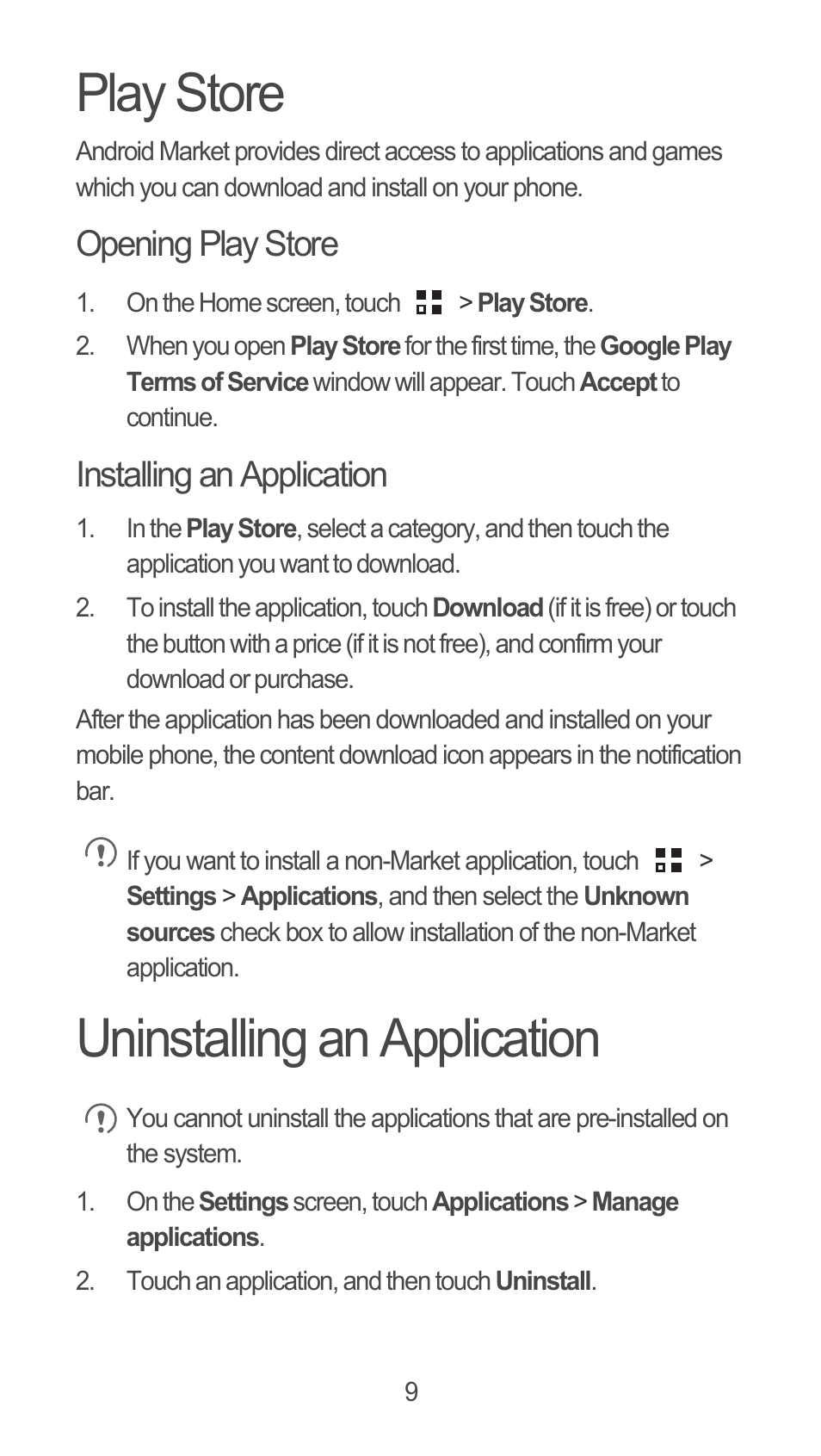 Play store, Opening play store, Installing an application | Uninstalling an application | Huawei M660 Quick Start User Manual | Page 10 / 28