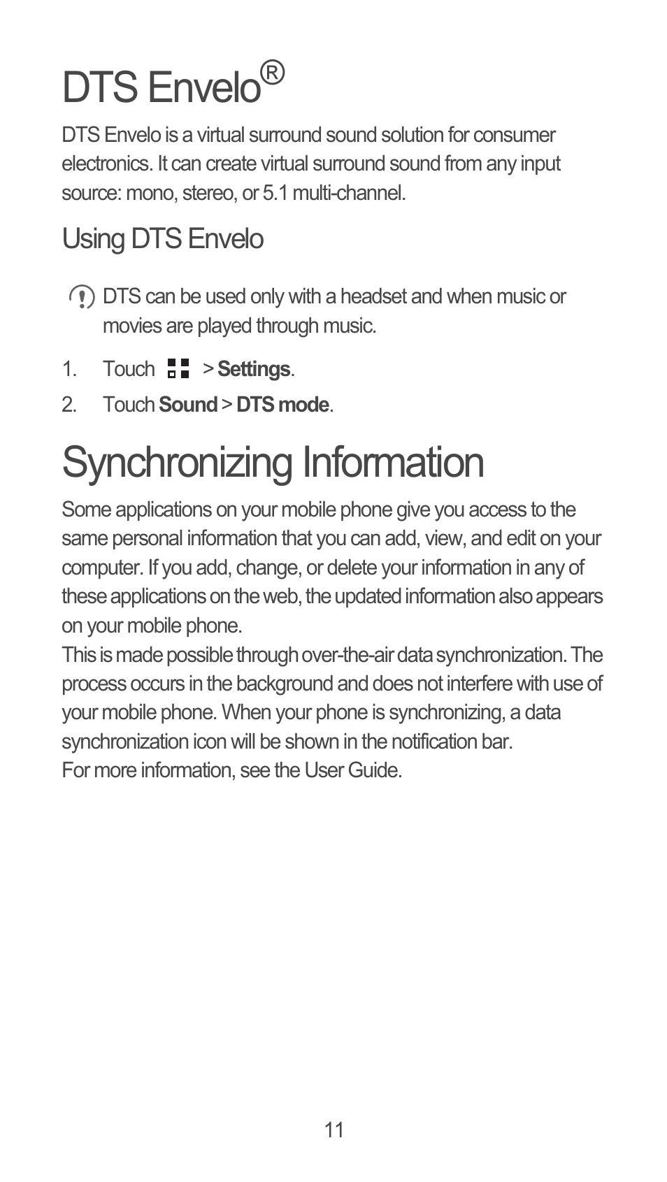 Dts envelo, Using dts envelo, Synchronizing information | Huawei M660 Quick Start User Manual | Page 12 / 28