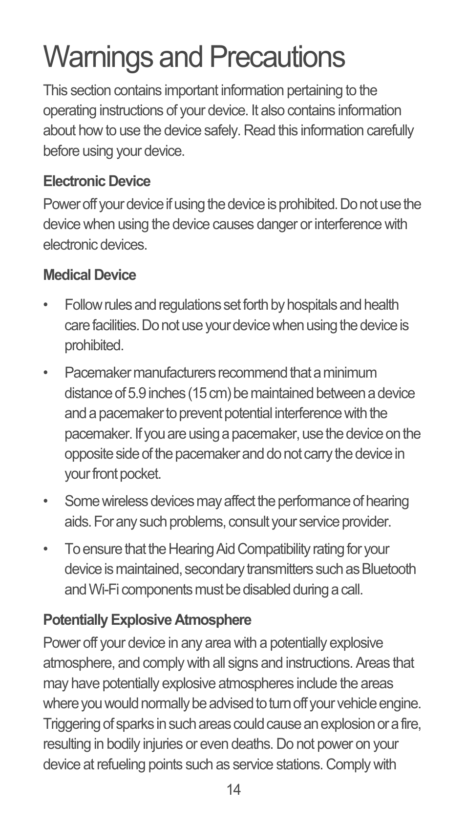 Warnings and precautions, Electronic device, Medical device | Potentially explosive atmosphere | Huawei M660 Quick Start User Manual | Page 15 / 28