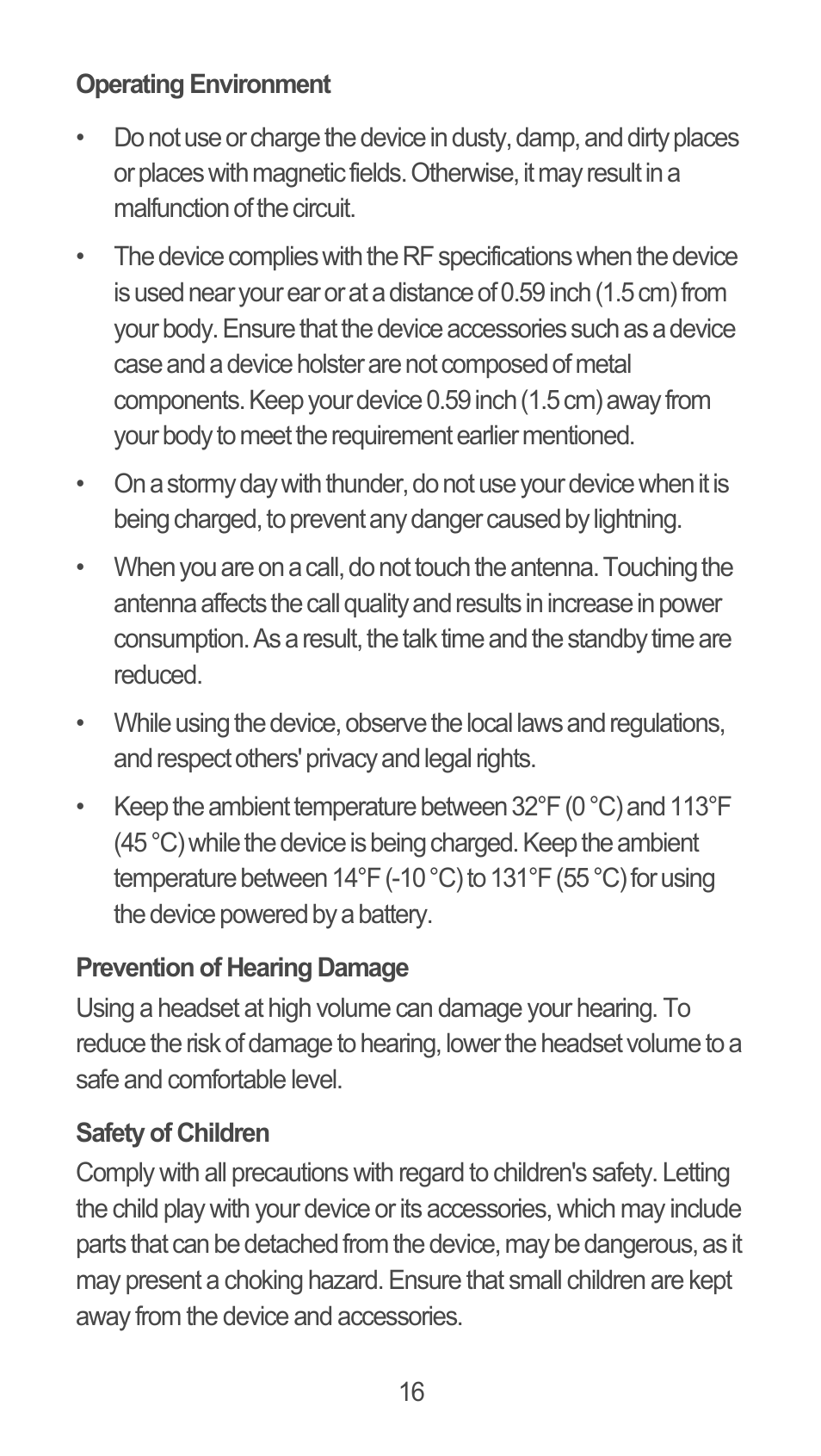 Operating environment, Prevention of hearing damage, Safety of children | Huawei M660 Quick Start User Manual | Page 17 / 28