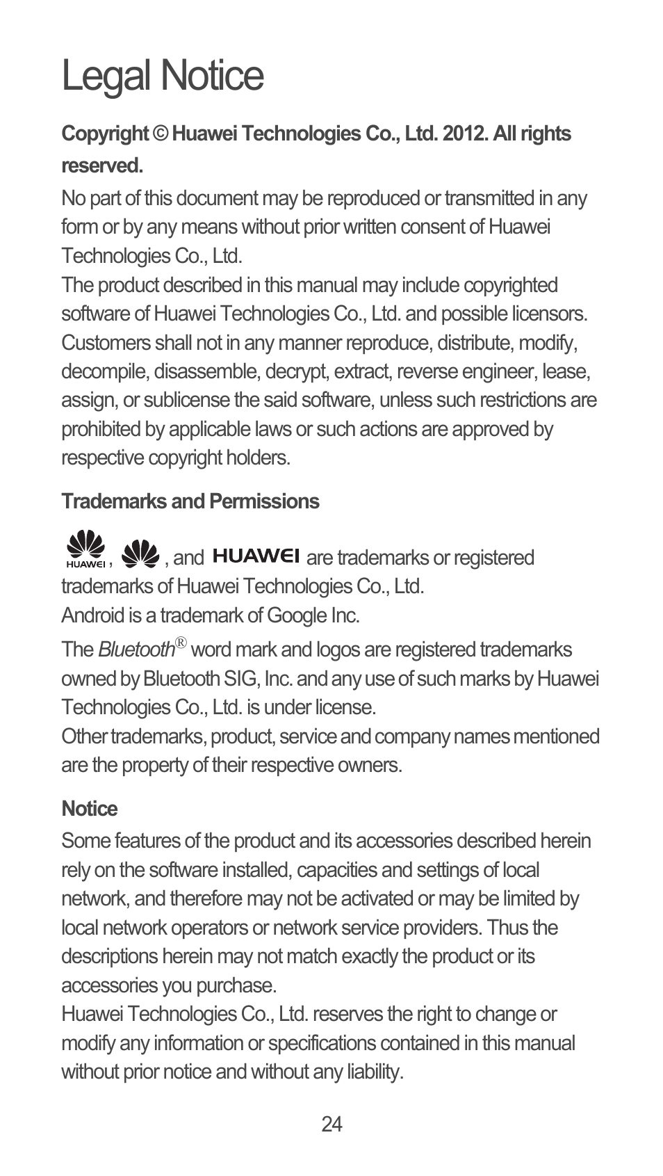 Legal notice, Trademarks and permissions, Notice | Huawei M660 Quick Start User Manual | Page 25 / 28