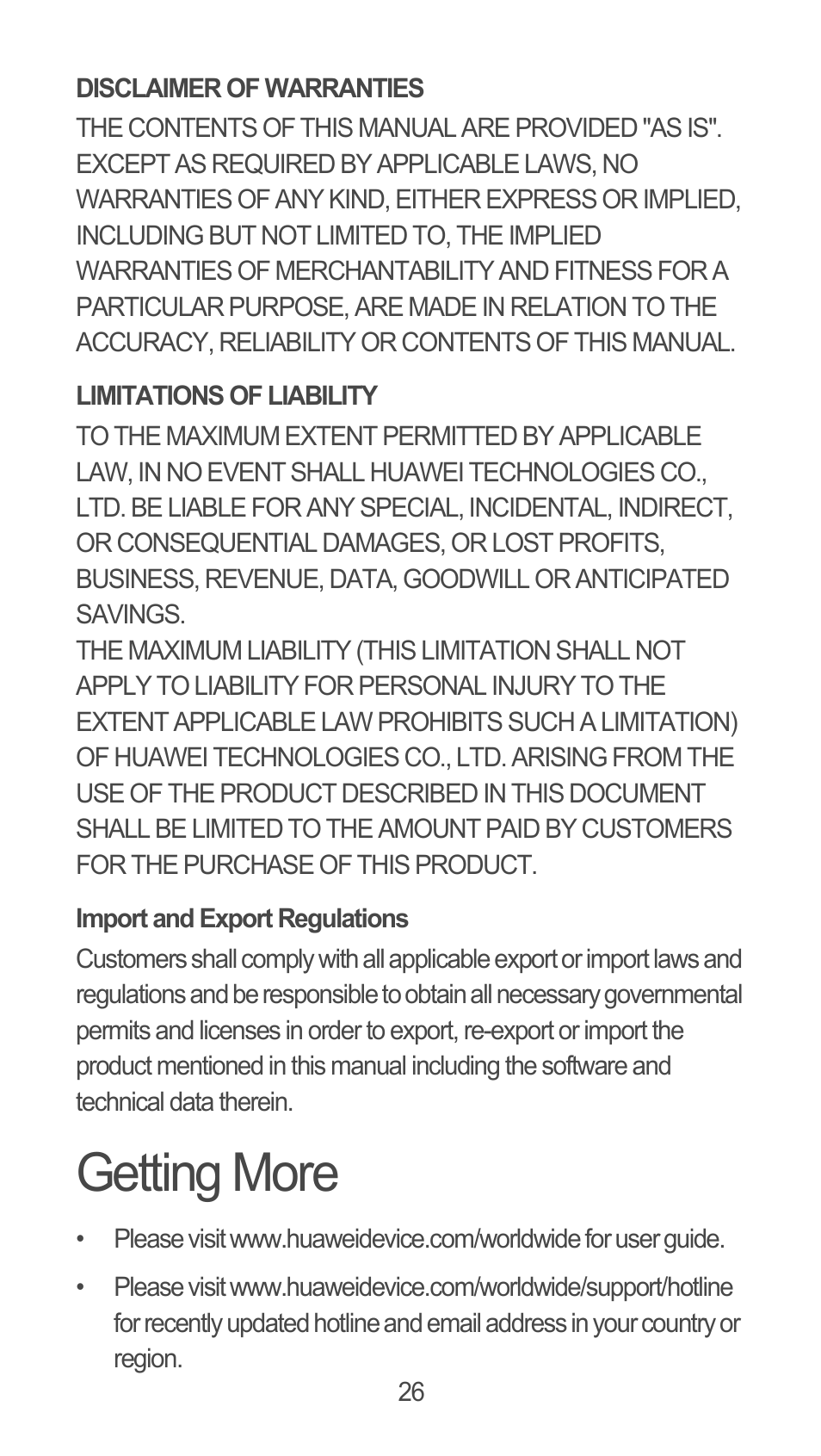 Disclaimer of warranties, Limitations of liability, Import and export regulations | Getting more | Huawei M660 Quick Start User Manual | Page 27 / 28