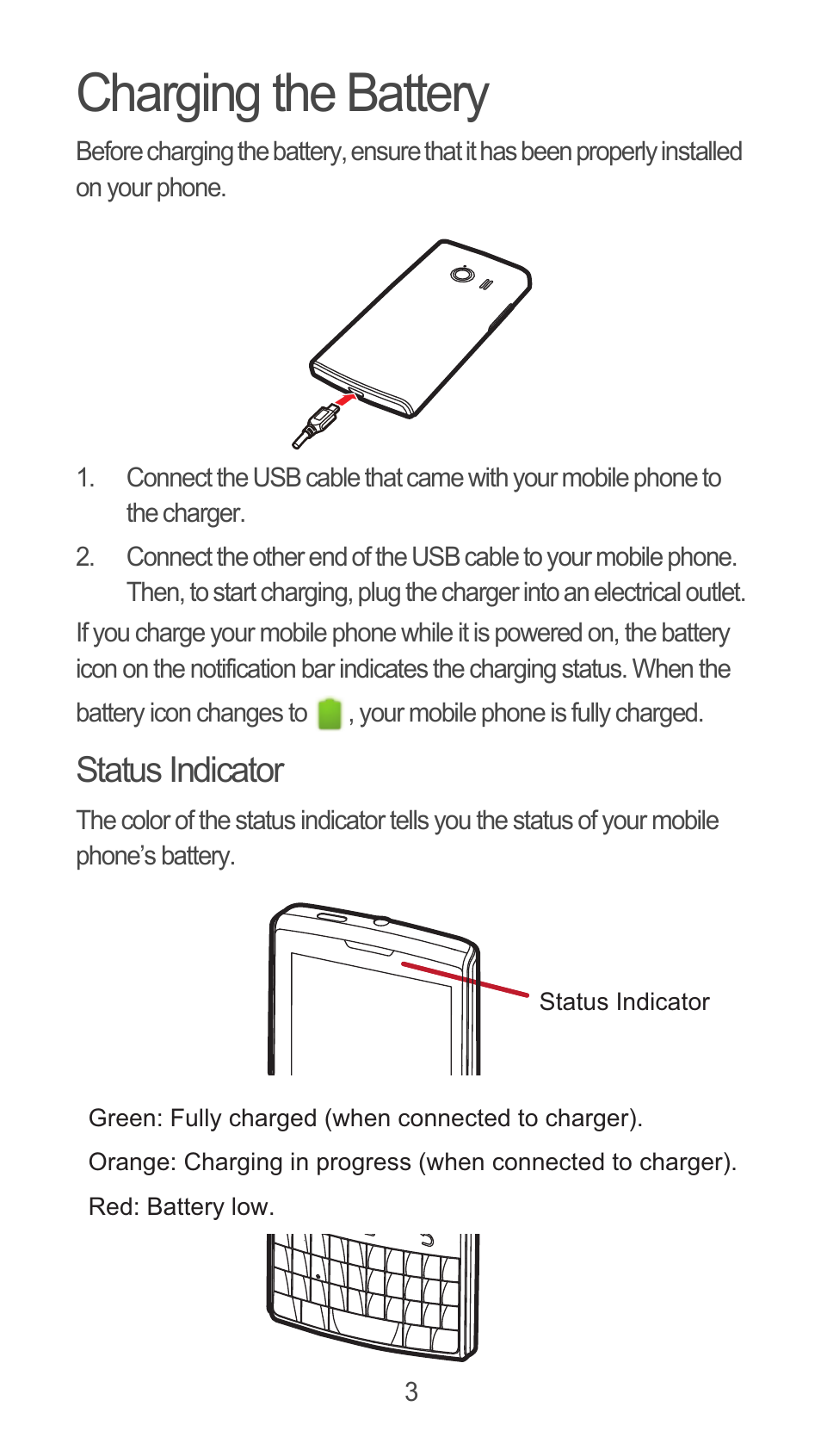 Charging the battery, Status indicator | Huawei M660 Quick Start User Manual | Page 4 / 28