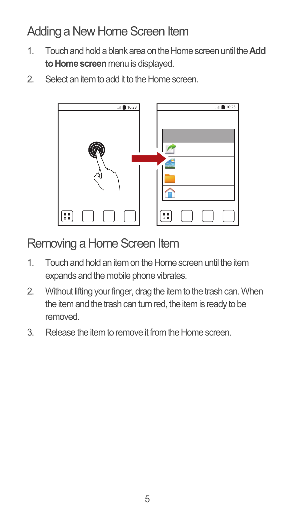 Adding a new home screen item, Removing a home screen item | Huawei M660 Quick Start User Manual | Page 6 / 28