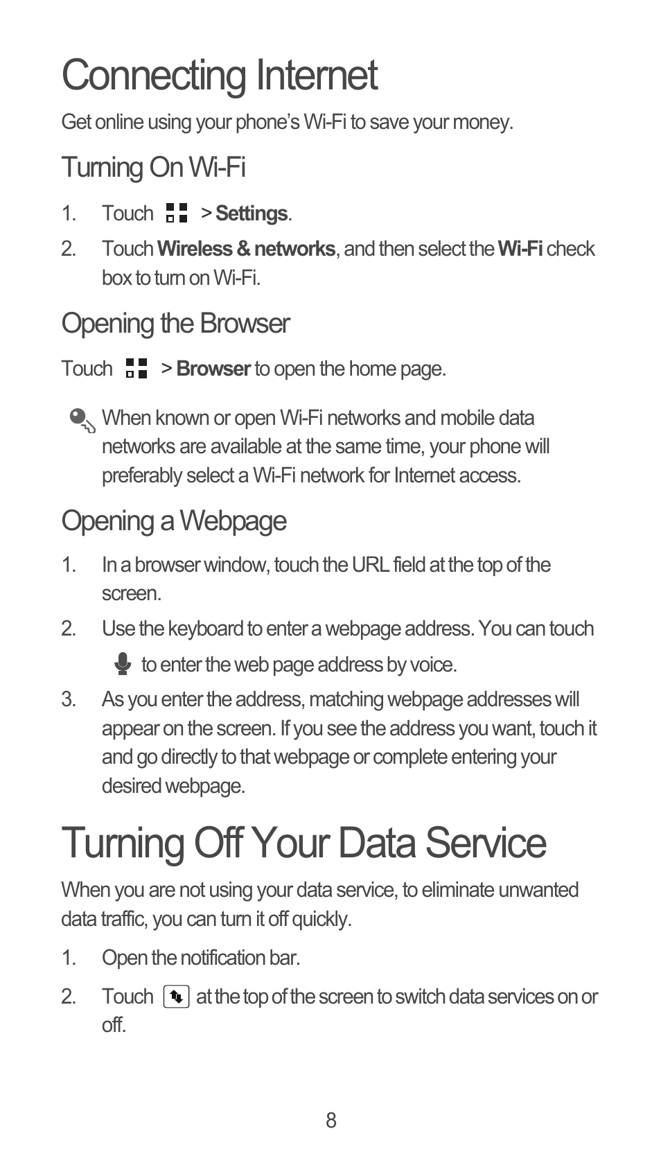 Connecting internet, Turning on wi-fi, Opening the browser | Turning off your data service, Opening a webpage | Huawei M660 Quick Start User Manual | Page 9 / 28