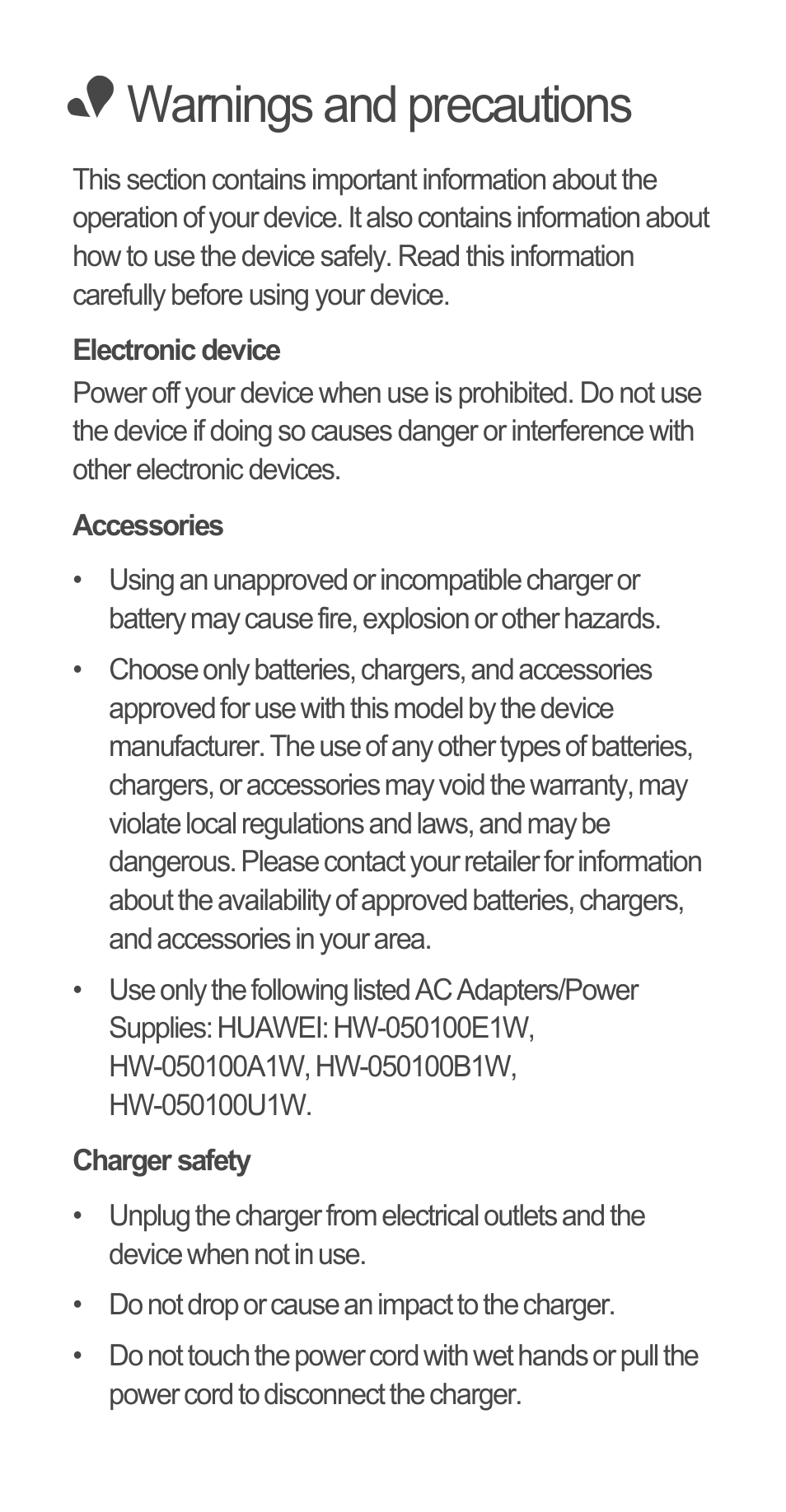 Warnings and precautions, Electronic device, Accessories | Charger safety | Huawei Ascend G510 Quick Start User Manual | Page 16 / 31